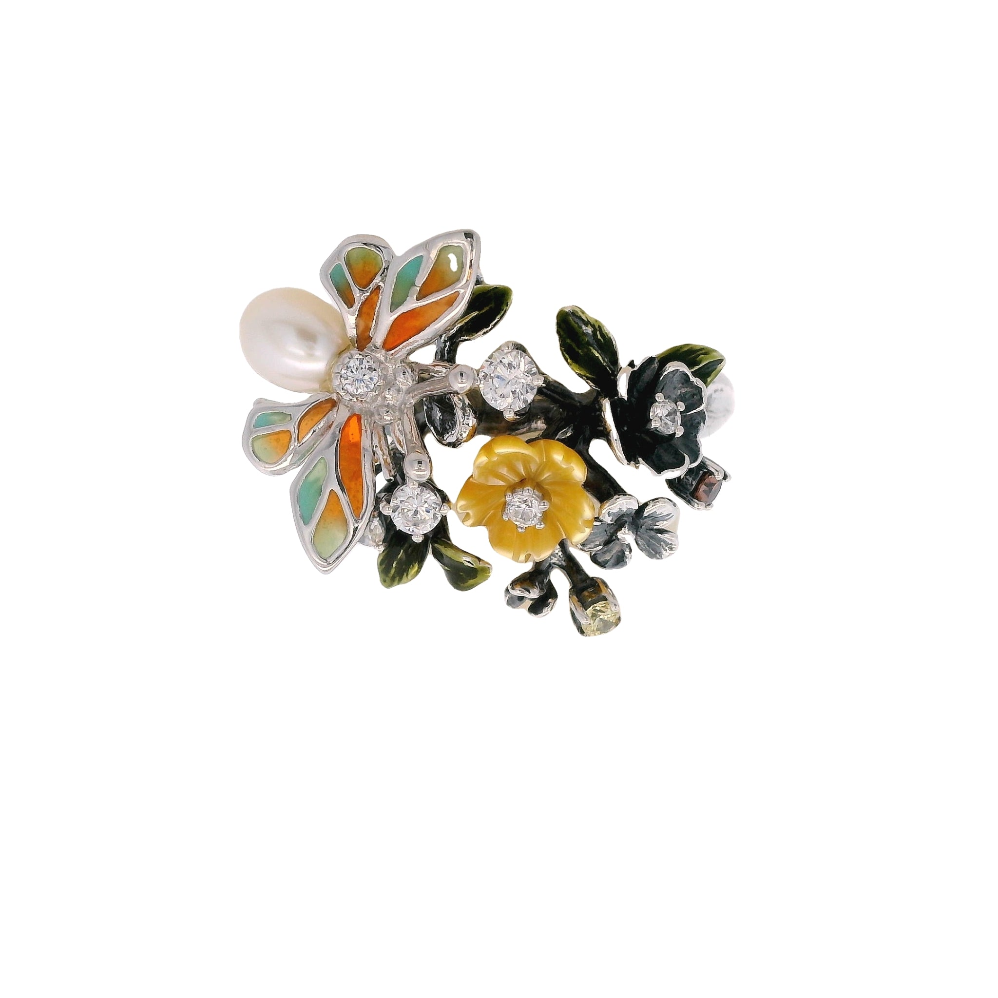 925SL TRIPLE FLOWER AND BEE PEARL RING T7