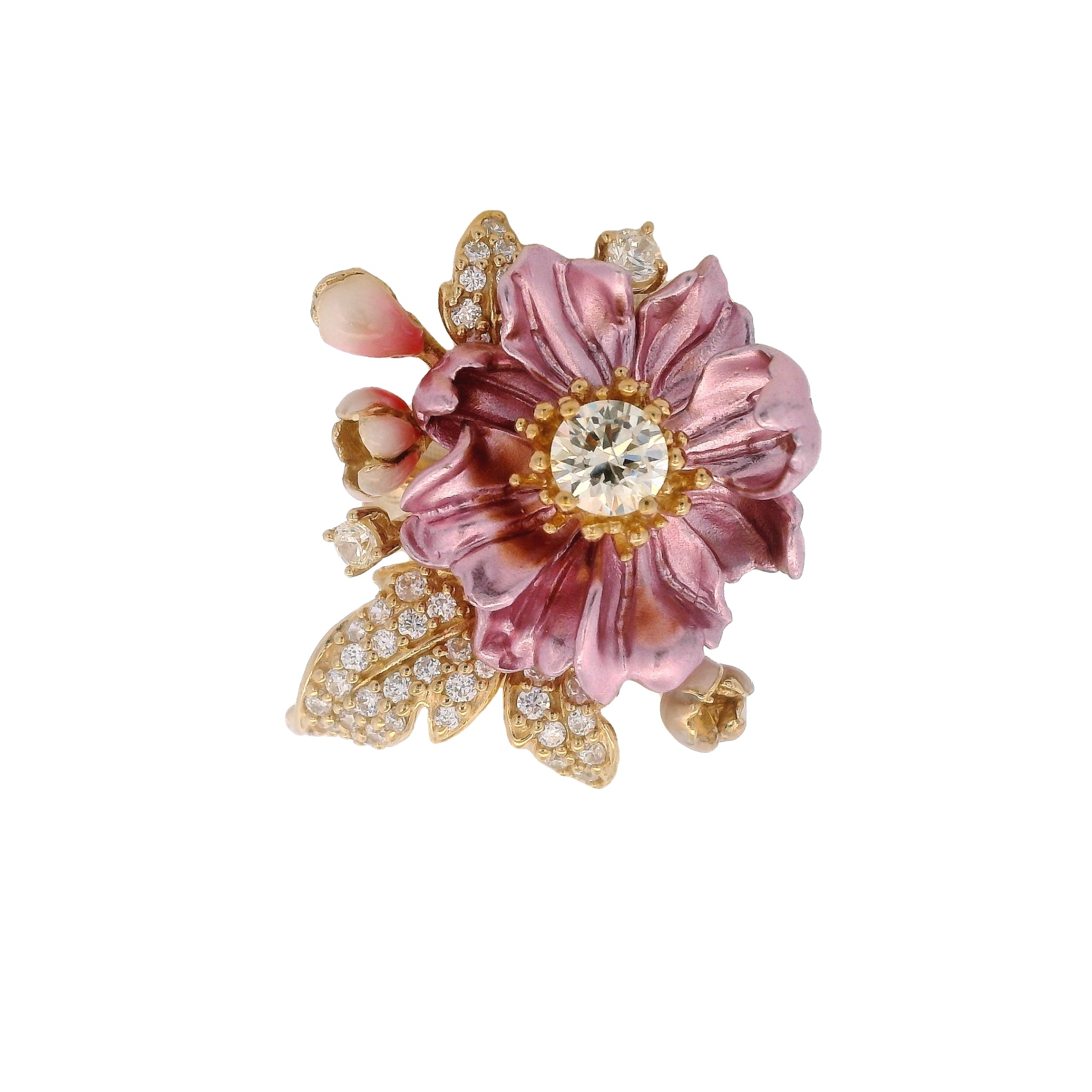 925YG BIG FLOWER PINK AN CZ RING T6