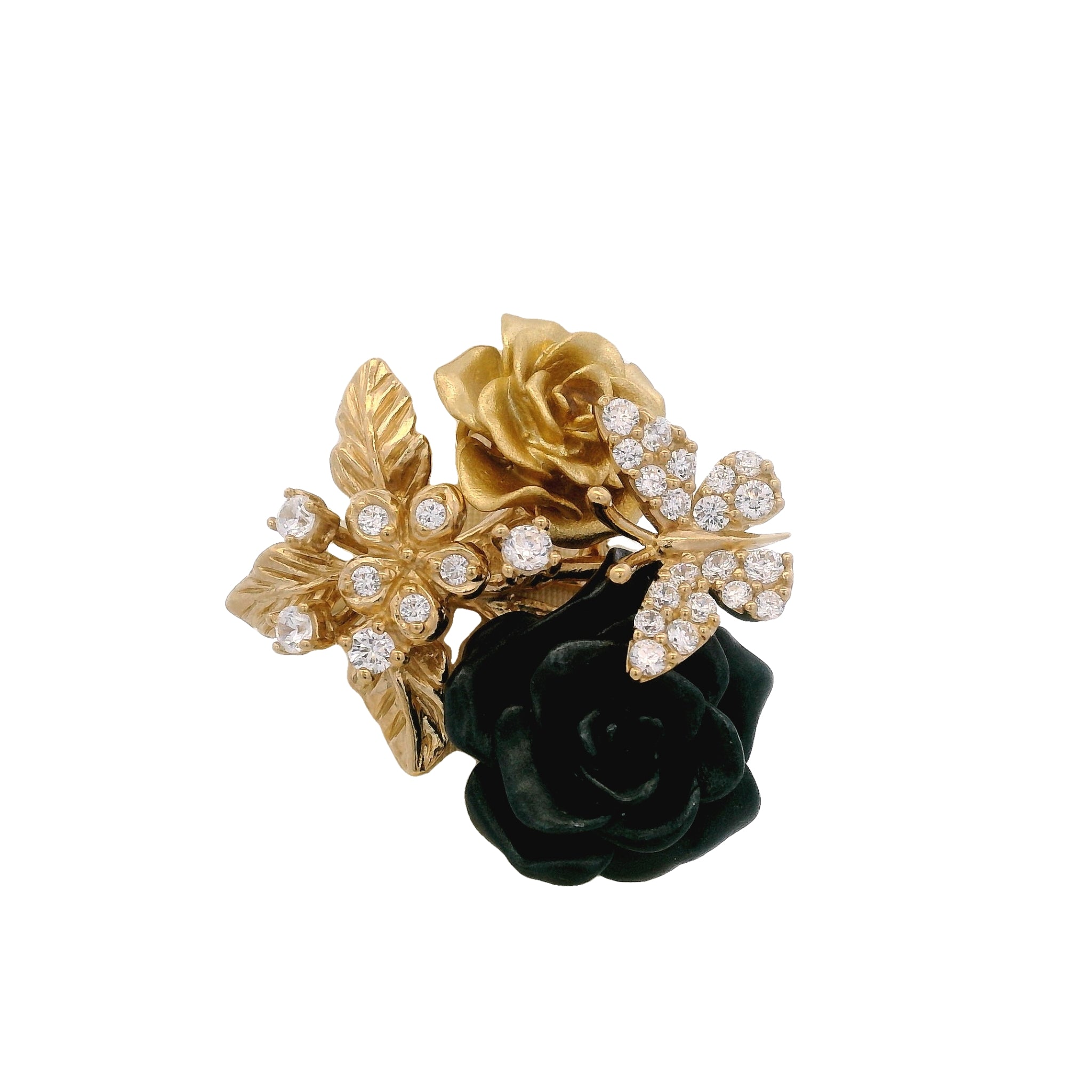 925YG DOUBLE FLOWER BLACK AND GOLD WITH BUTTERFLY PAVE RING T8