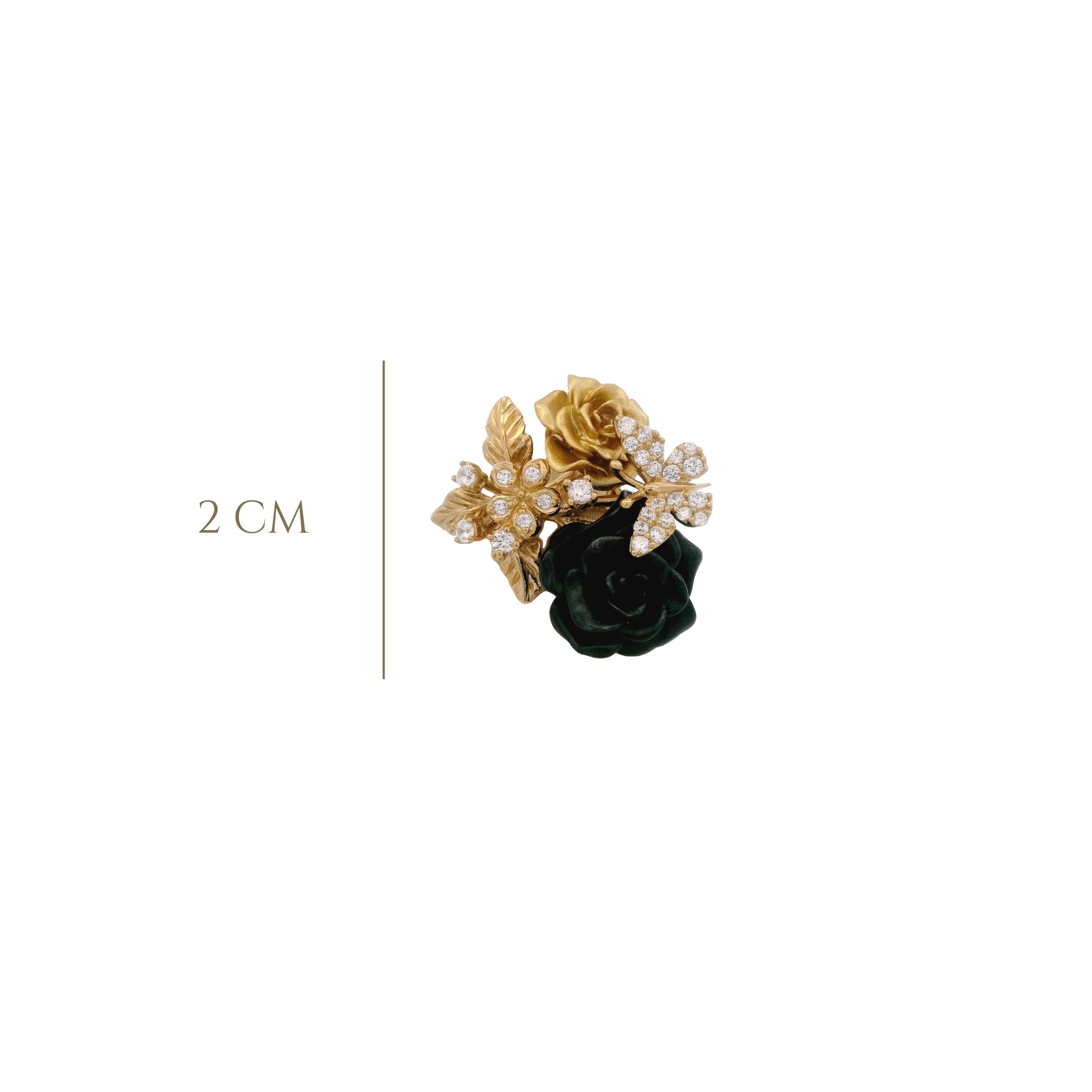 925YG DOUBLE FLOWER BLACK AND GOLD WITH BUTTERFLY PAVE RING T8