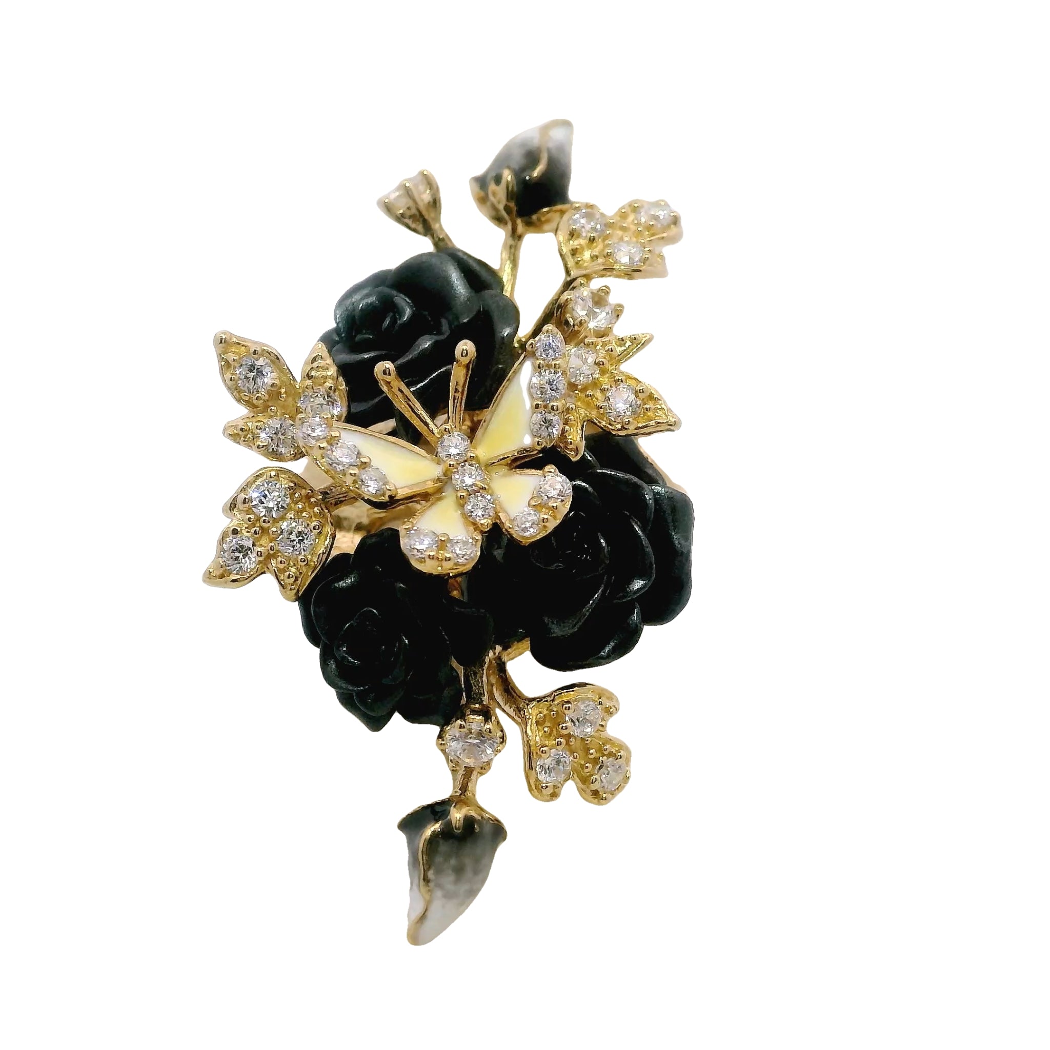 925YG TRIPLE FLOWER BLACK AND BUTTERFLY WHITE RING T7