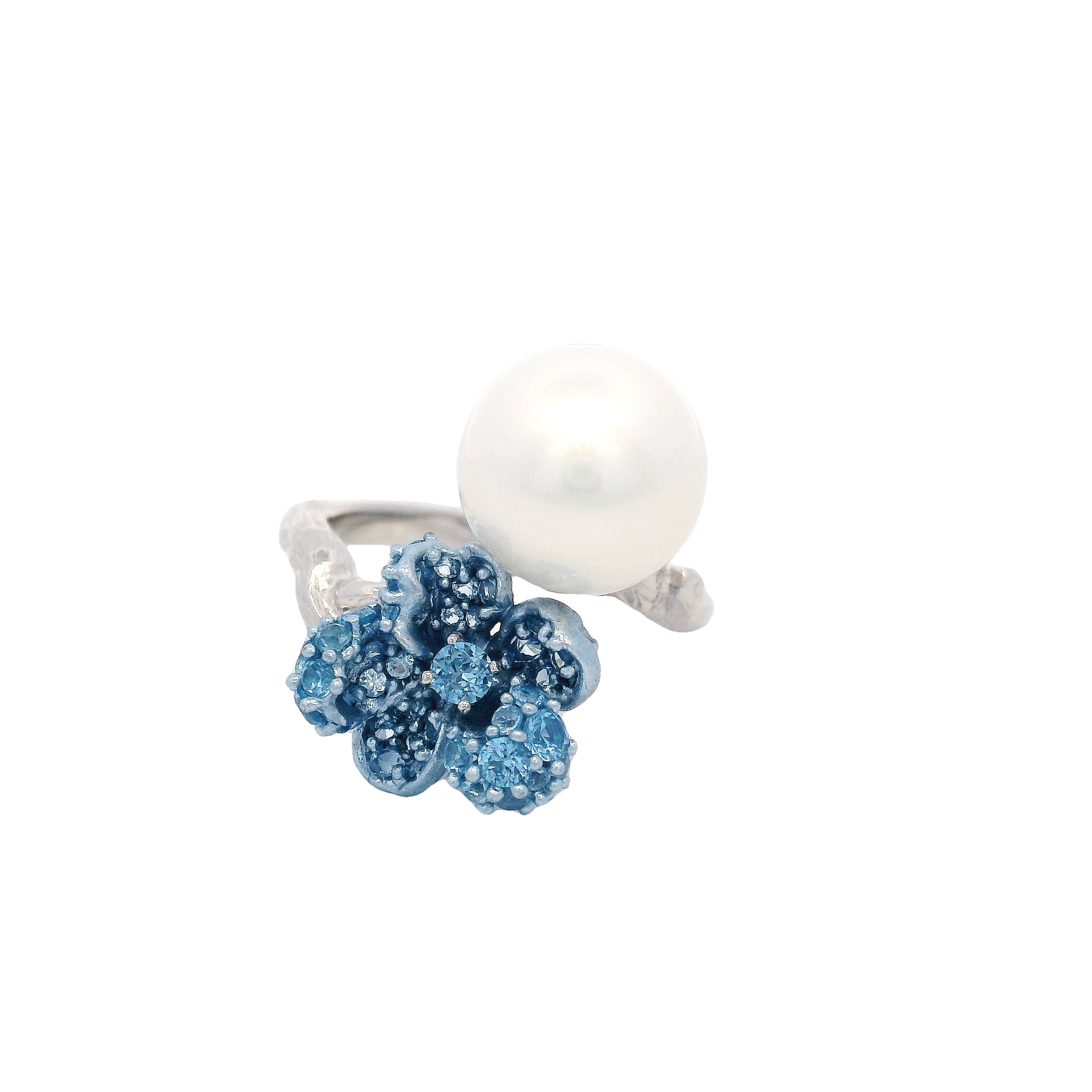 925SL FLOWER BLUE AND PEARL OPEN RING T6
