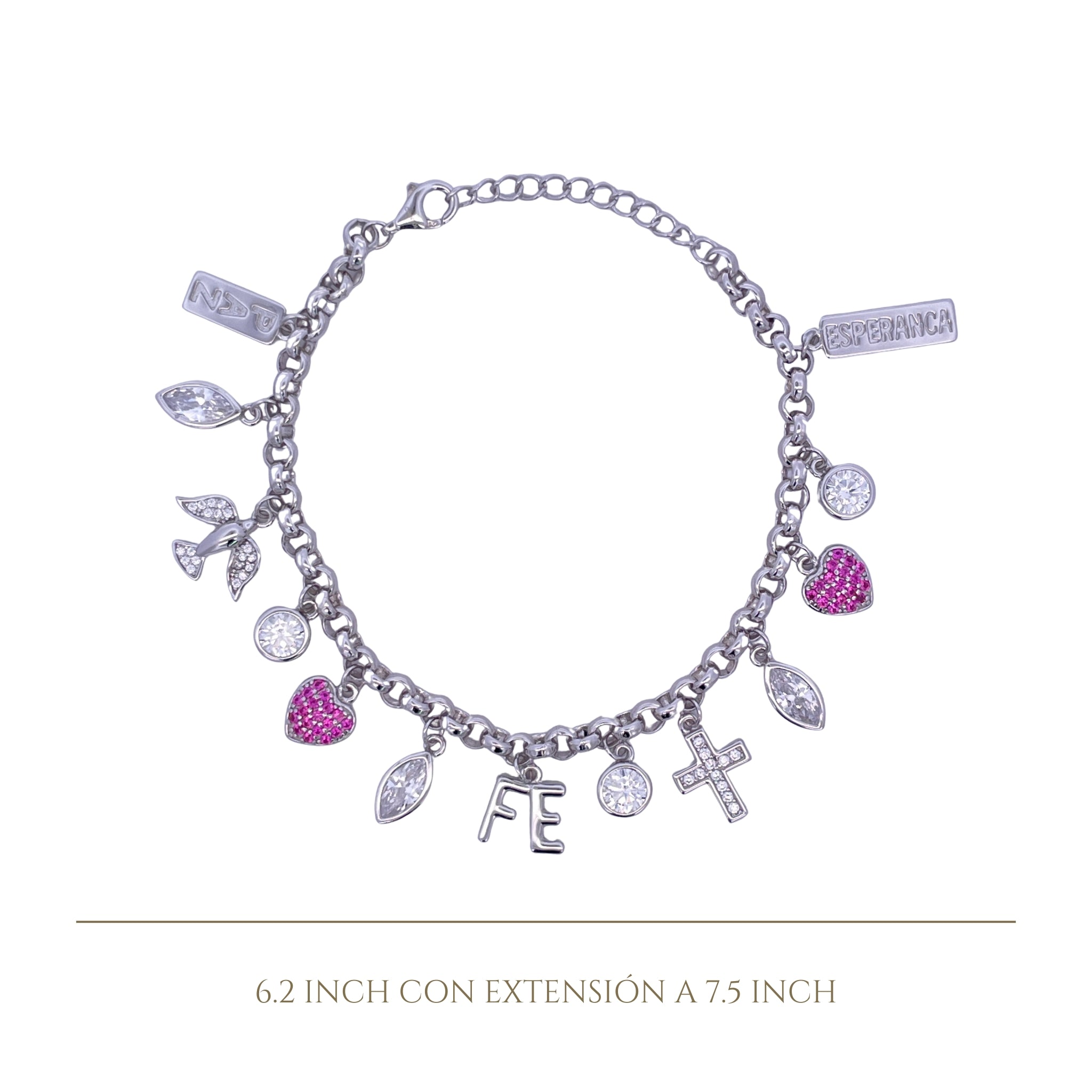 925SL MULTICHARMS RELIGIOUS HEART FUSHIA ESPERANCA BRACELET
