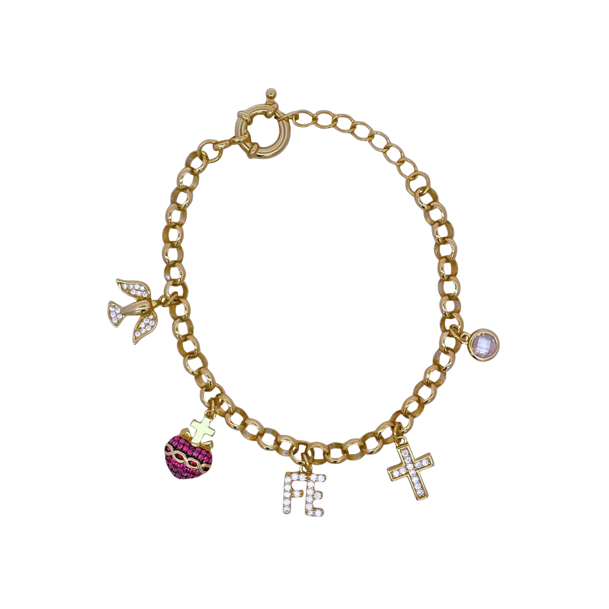 925YG MULTICHARMS RELIGIOUS HEART FUSHIA FE CROSS BRACELET