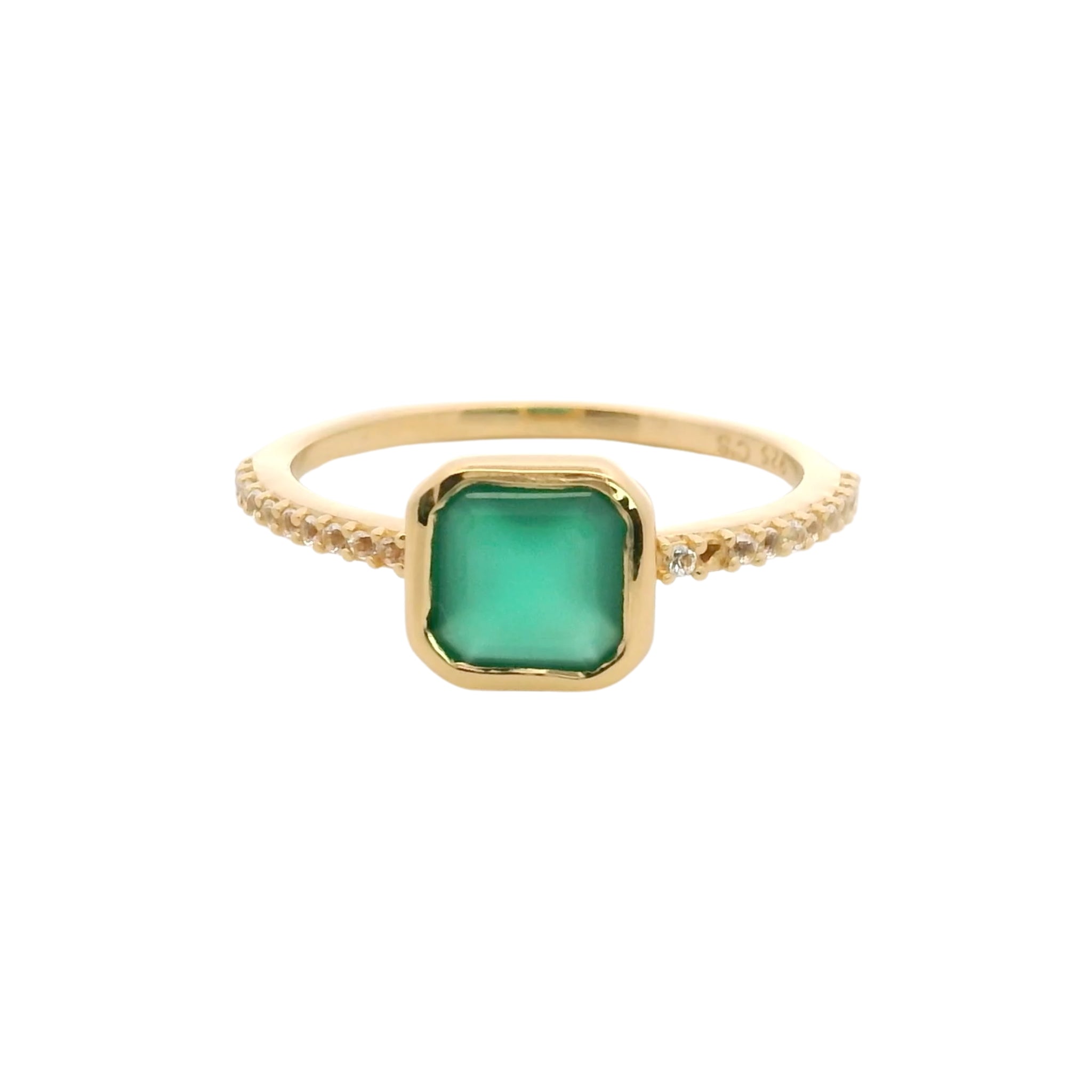 925YG CUSHION BEZEL ONYX GREEN AROUND TOPAZ WHITE RING T6.5