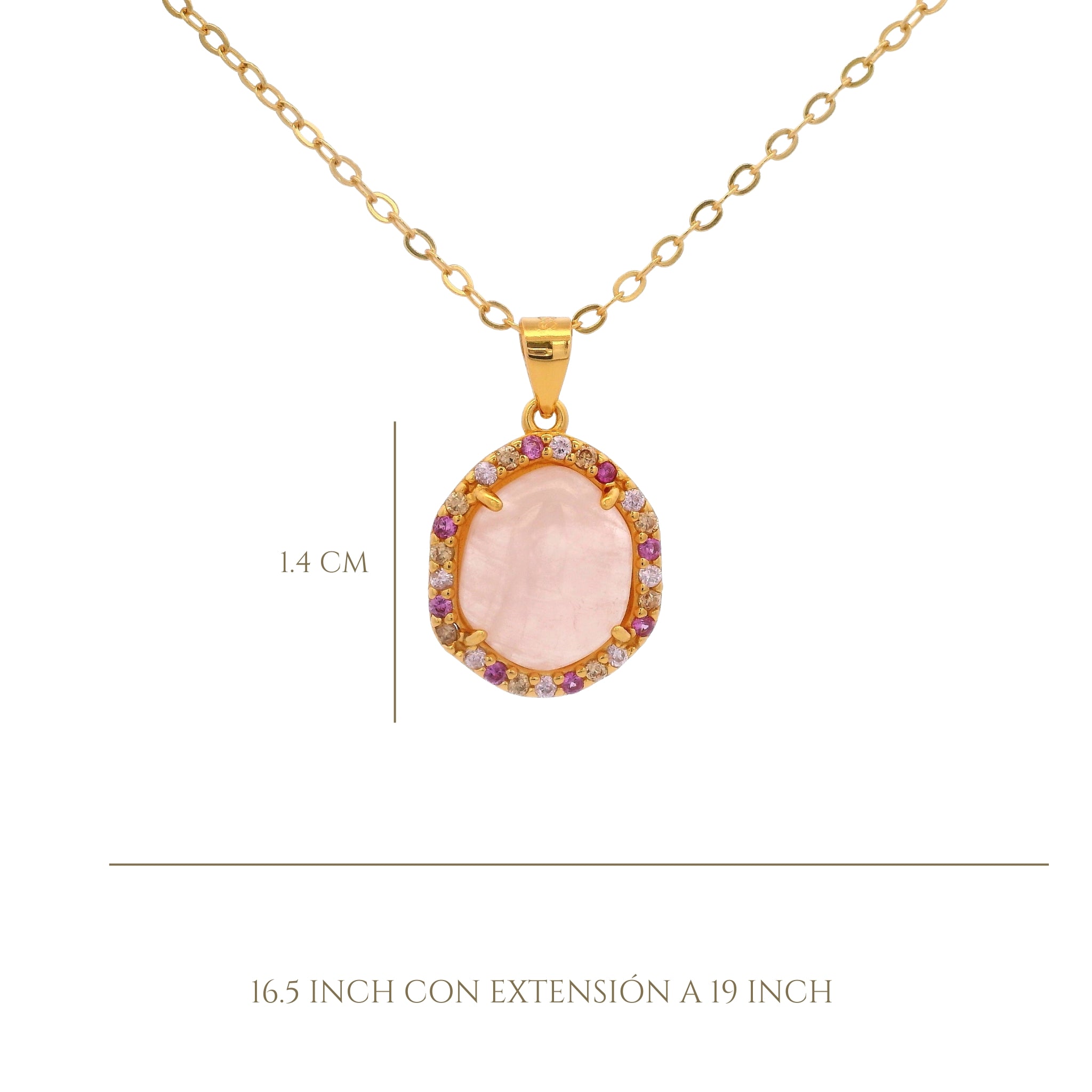 925YG HALO CABUCHON NECKLACE ROSE QUATZ & CZ