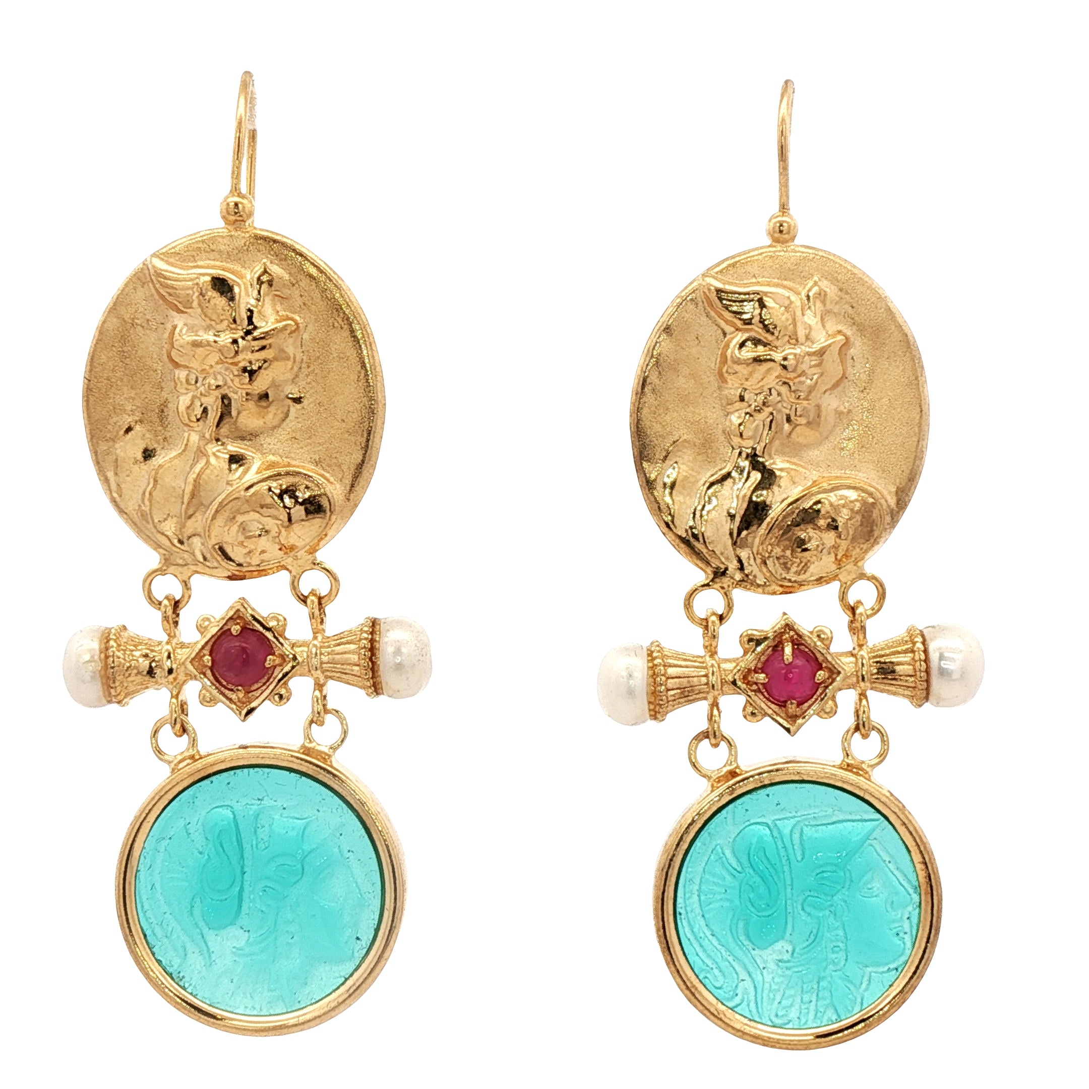 925YG HERMES GREEN WITH PEARL AND RUBY EARRINGS