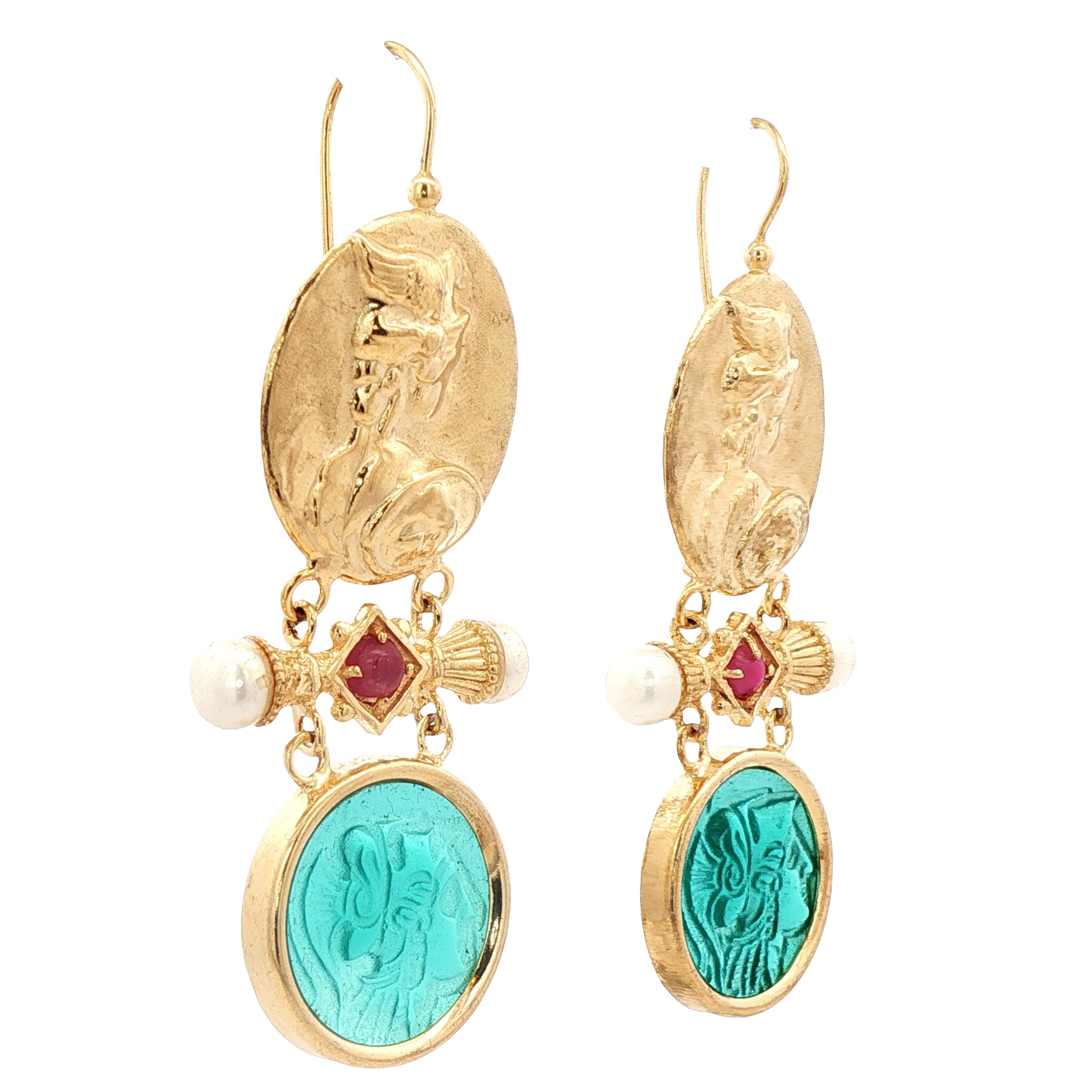 925YG HERMES GREEN WITH PEARL AND RUBY EARRINGS