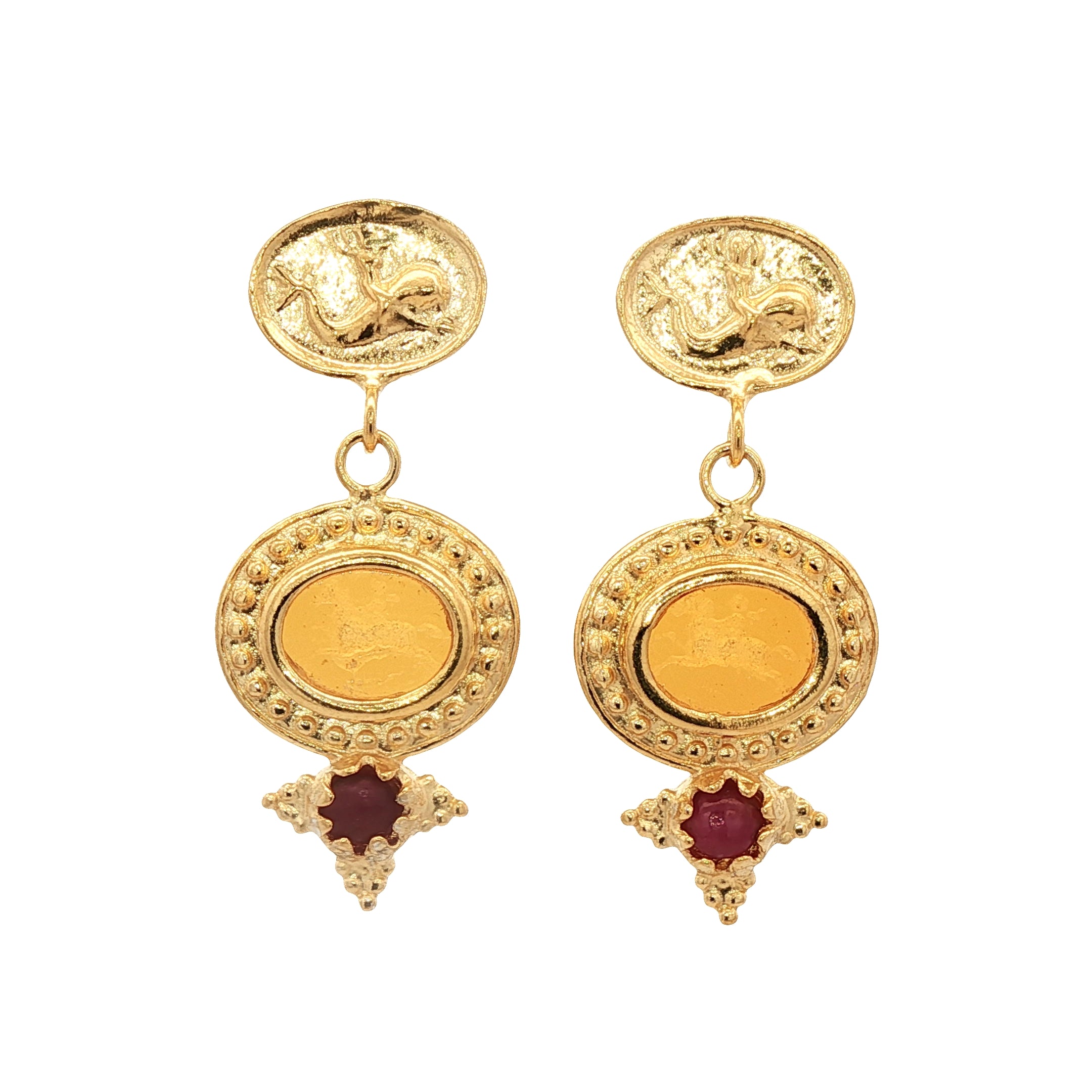 925YG HORSES AMBAR WITH RUBY EARRINGS