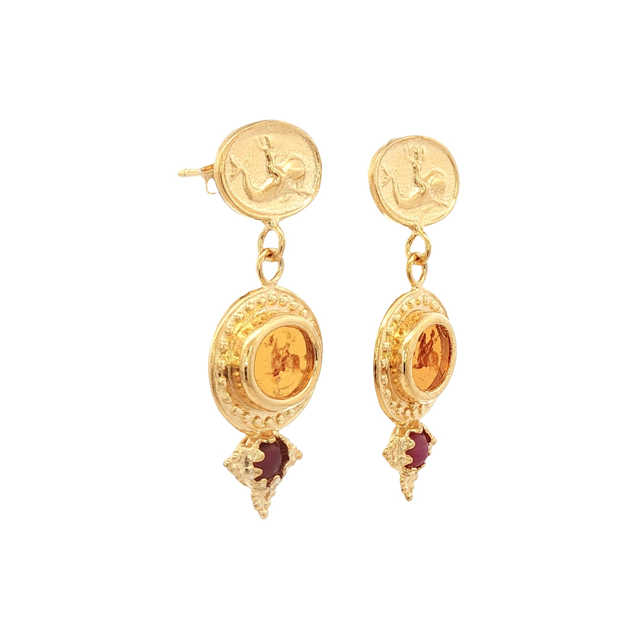 925YG HORSES AMBAR WITH RUBY EARRINGS