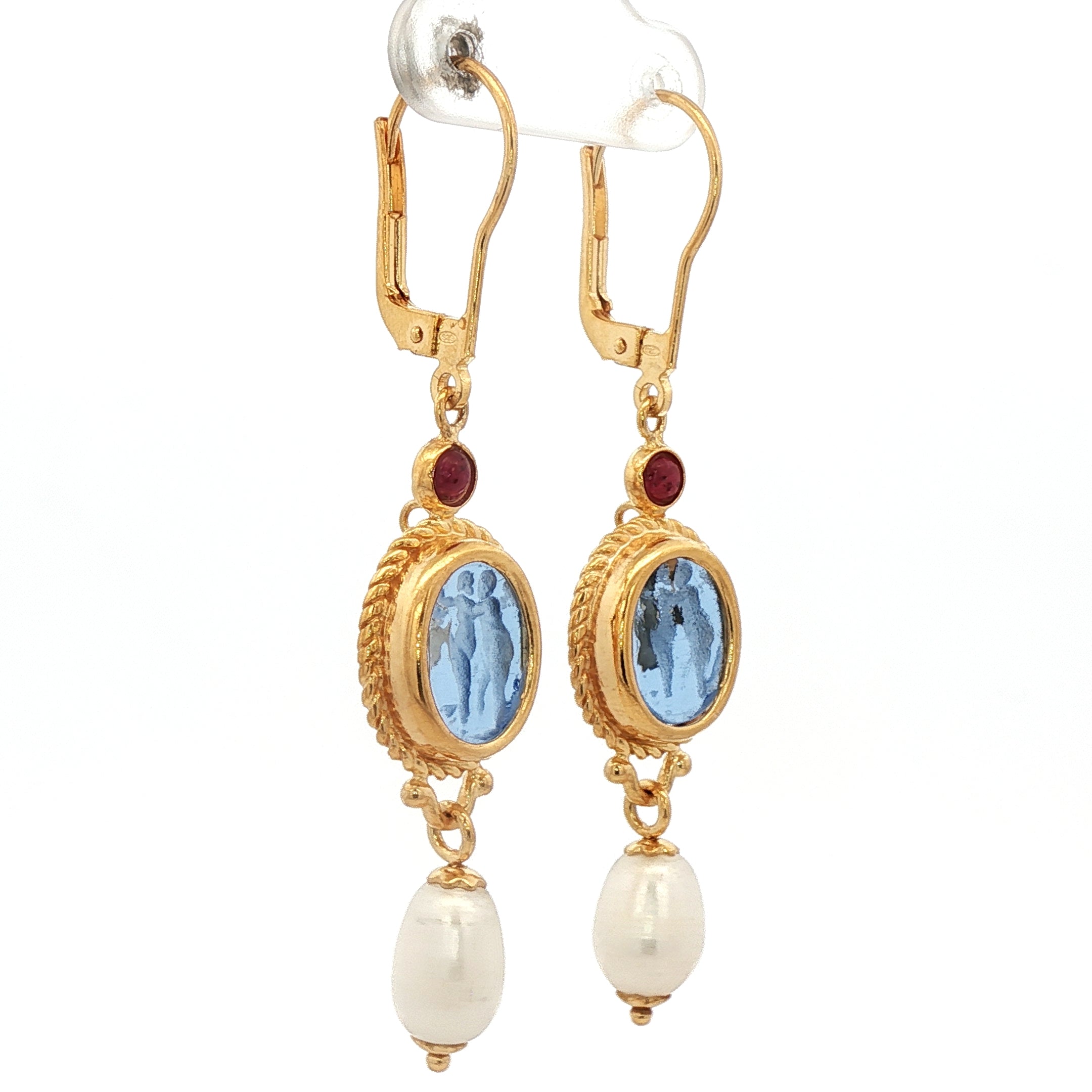 925YG CUPID SKY BLUE AND RUBY PEARL EARRINGS