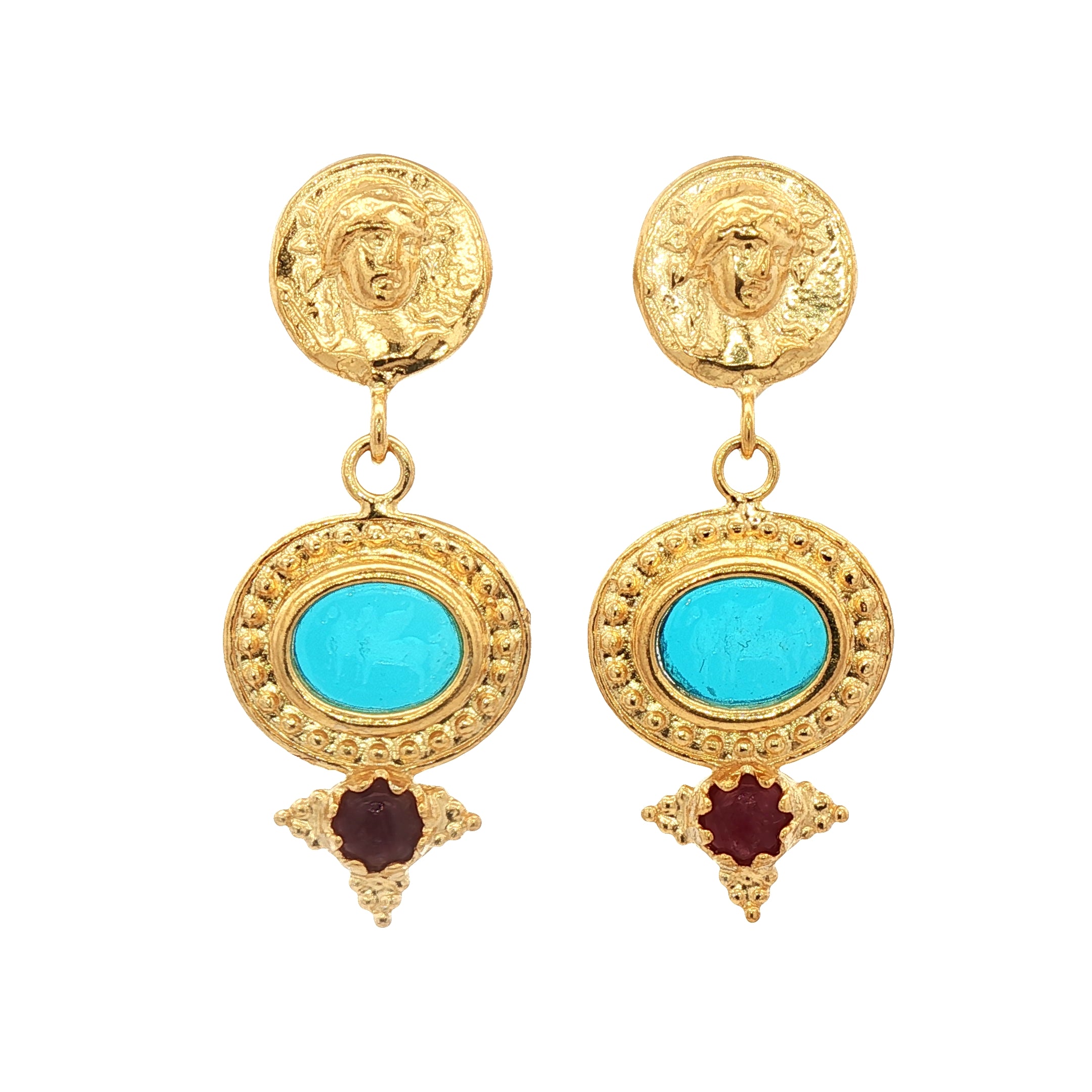 925YG HORSES SKY BLUE AND RUBY EARRINGS
