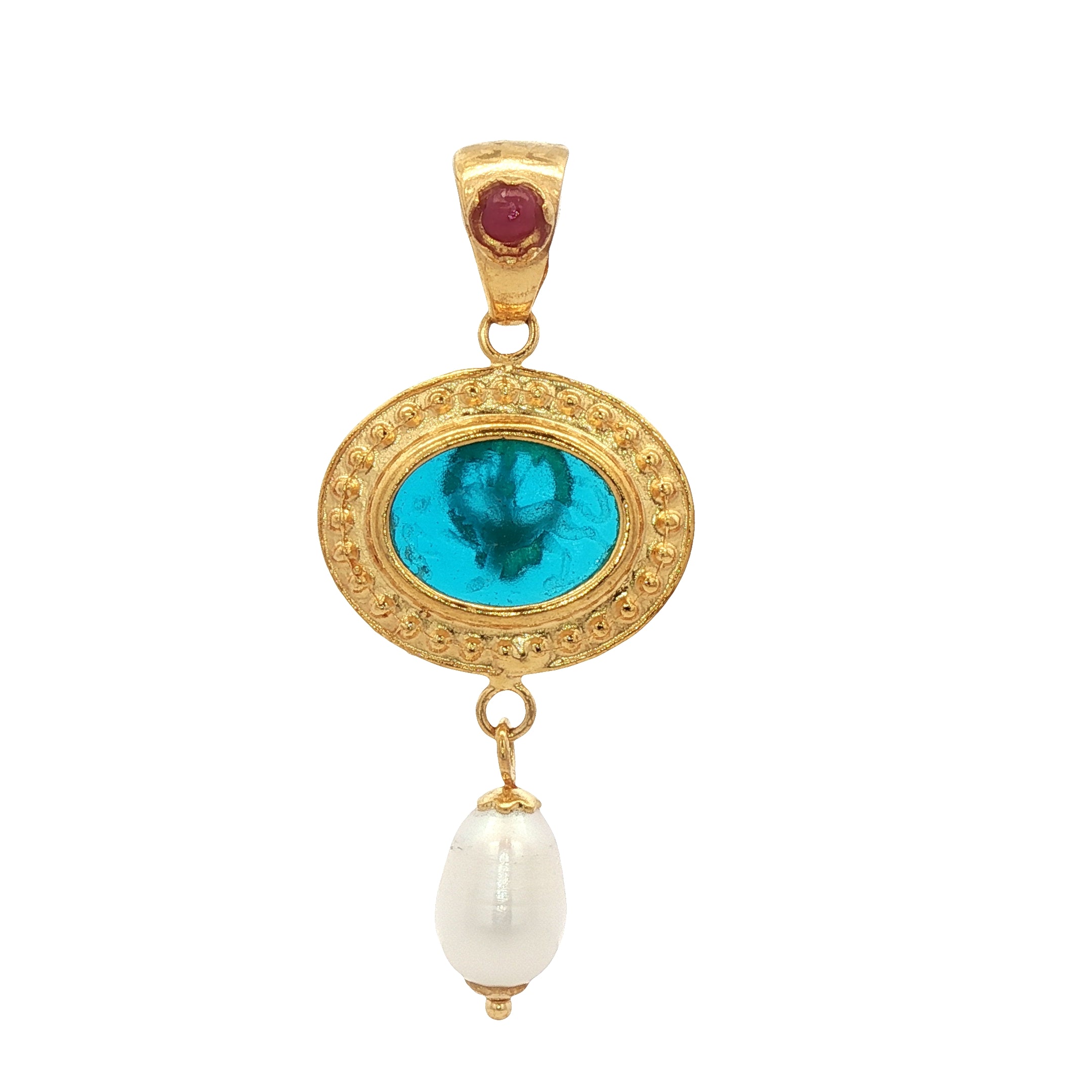 925YG HORSES SKY BLUE AND RUBY PEARL PENDANT