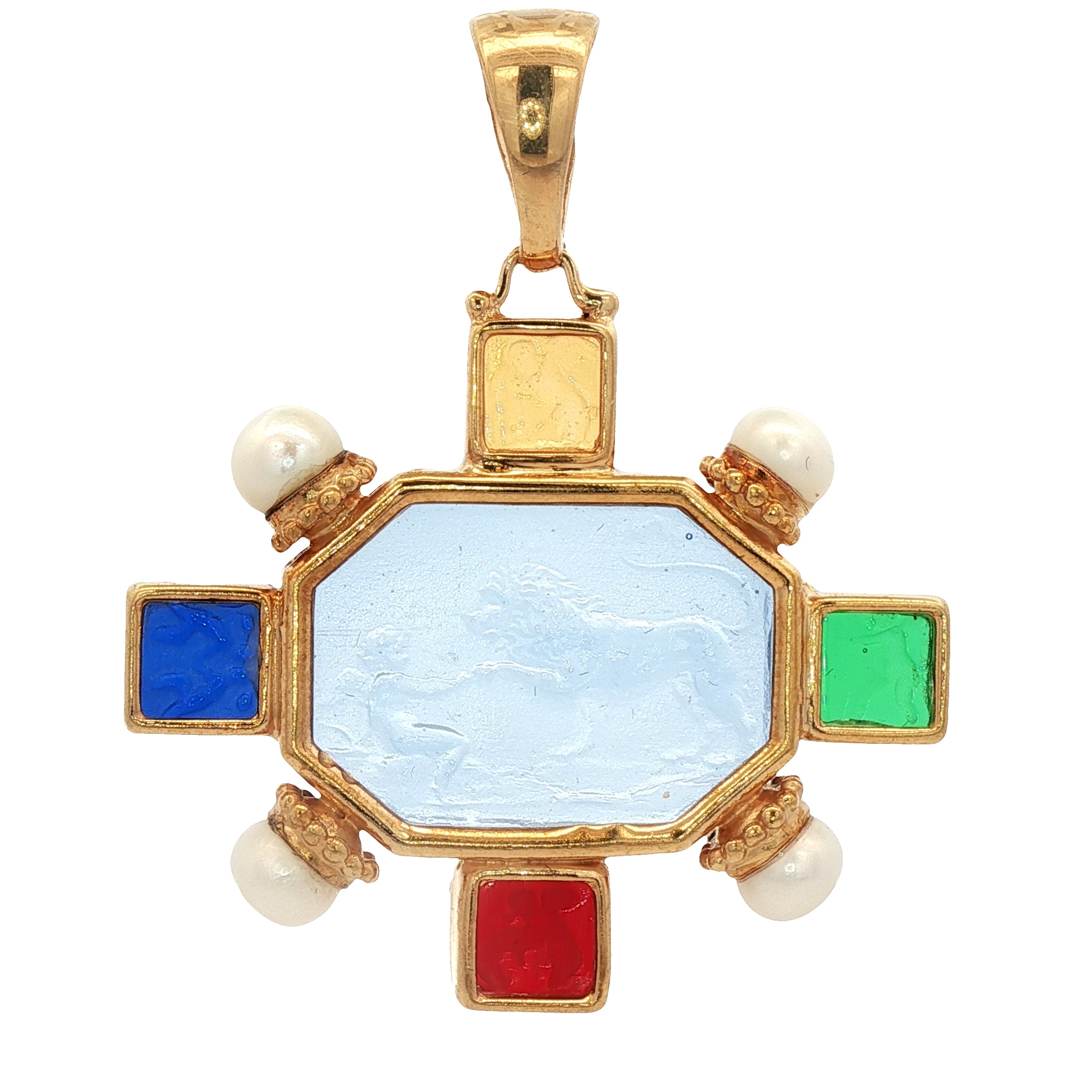 925YG OCTAGONAL LION AND BOY MULTICOLOR AND PEARL PENDANT