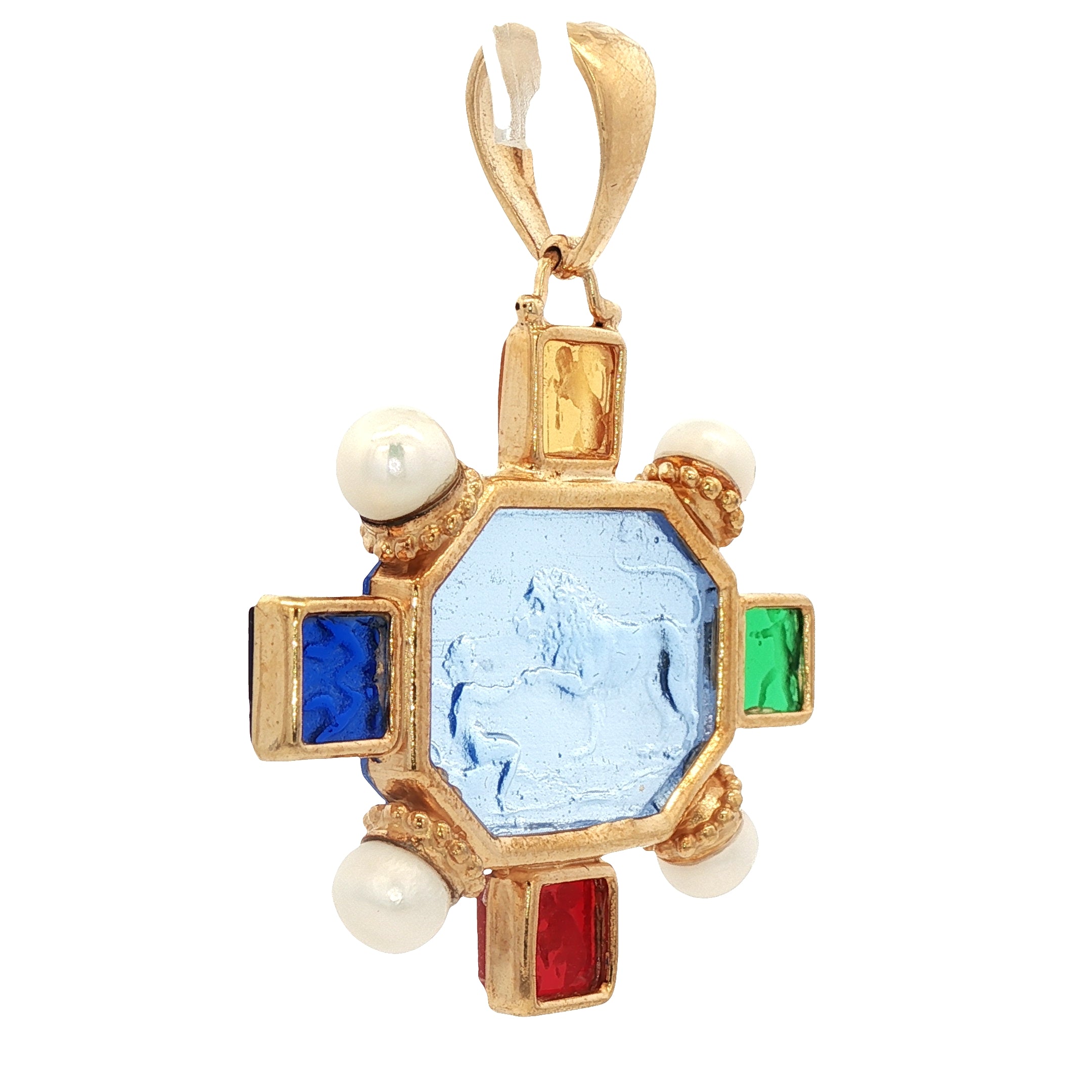 925YG OCTAGONAL LION AND BOY MULTICOLOR AND PEARL PENDANT
