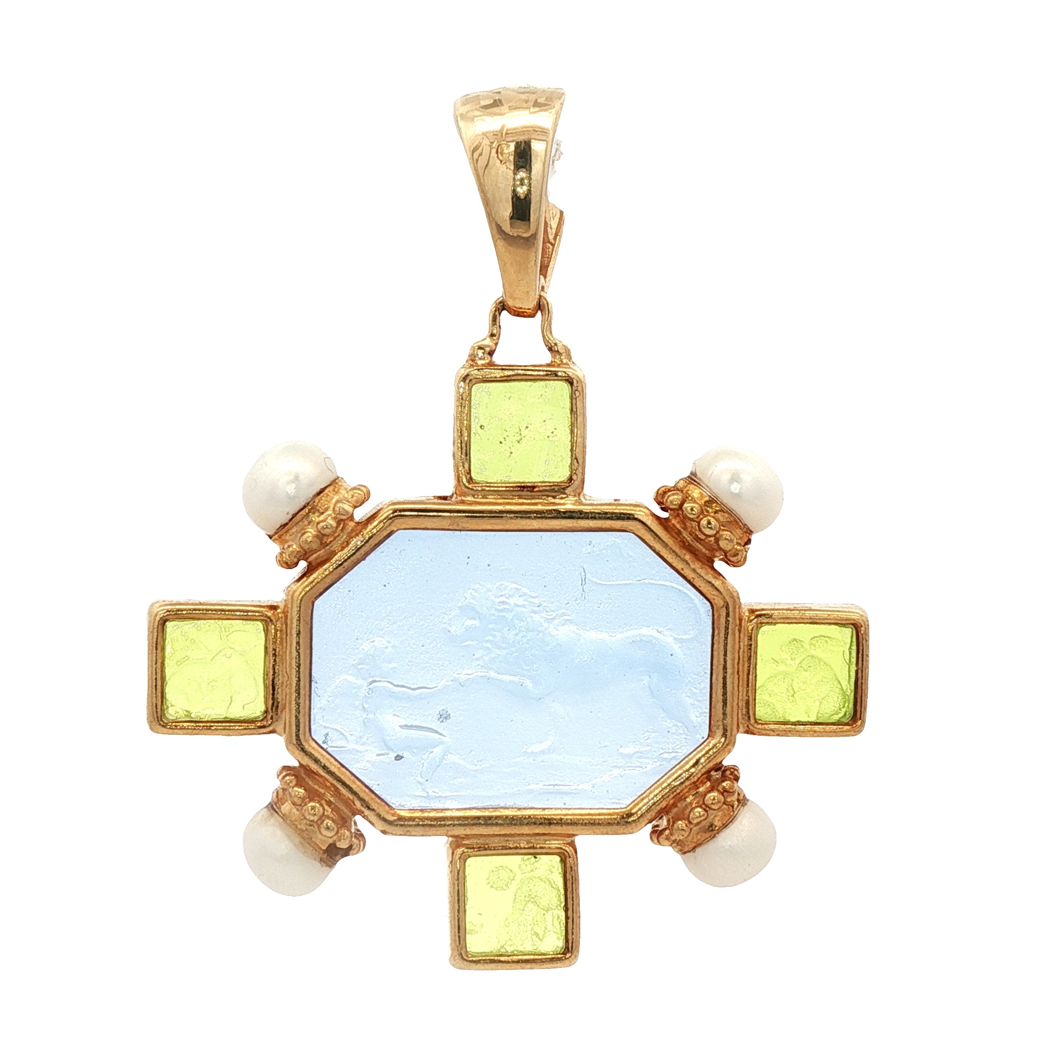 925YG OCTAGONAL LION AND BOY BLUE AND PEARL PENDANT