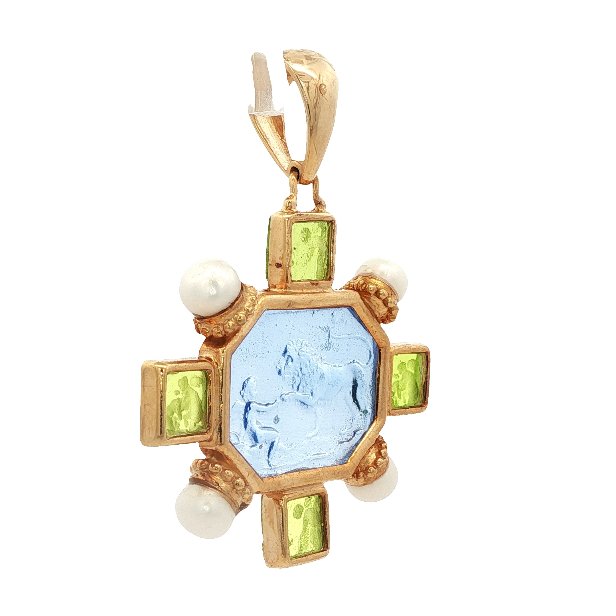 925YG OCTAGONAL LION AND BOY BLUE AND PEARL PENDANT