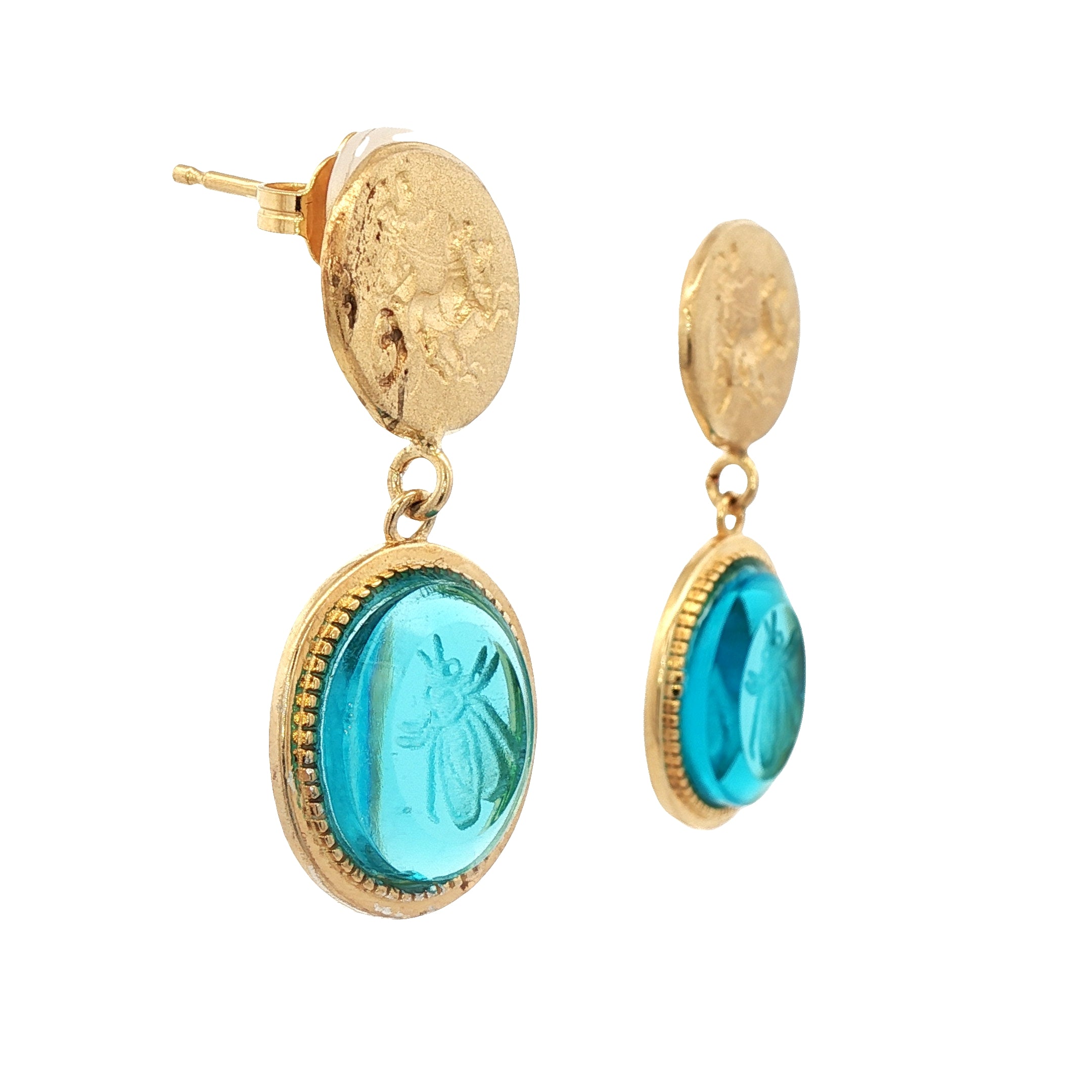 925YG BEE SKY BLUE AND CARRIAGE EARRINGS