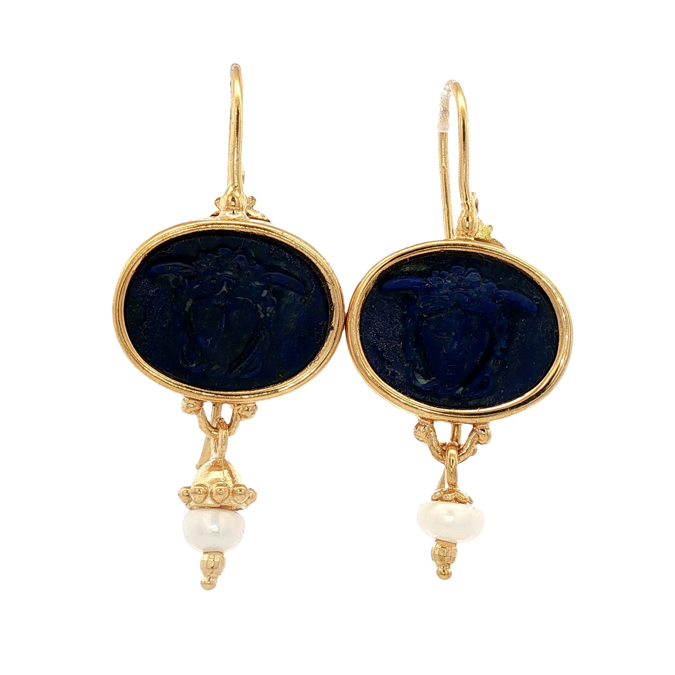 925YG MEDUSA LAPIS LAZULI AND PEARL EARRINGS