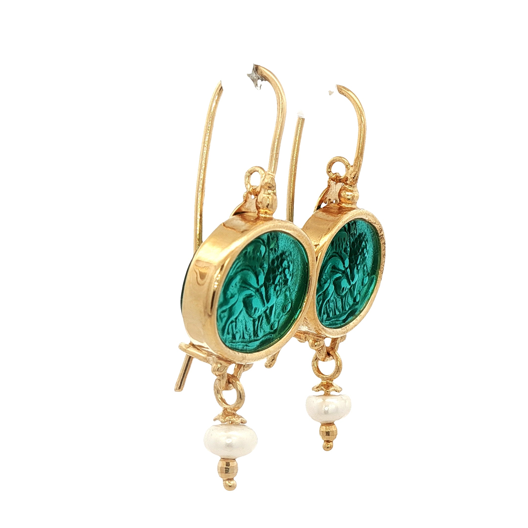 925YG CHIMERA GREEN AND PEARL EARRINGS