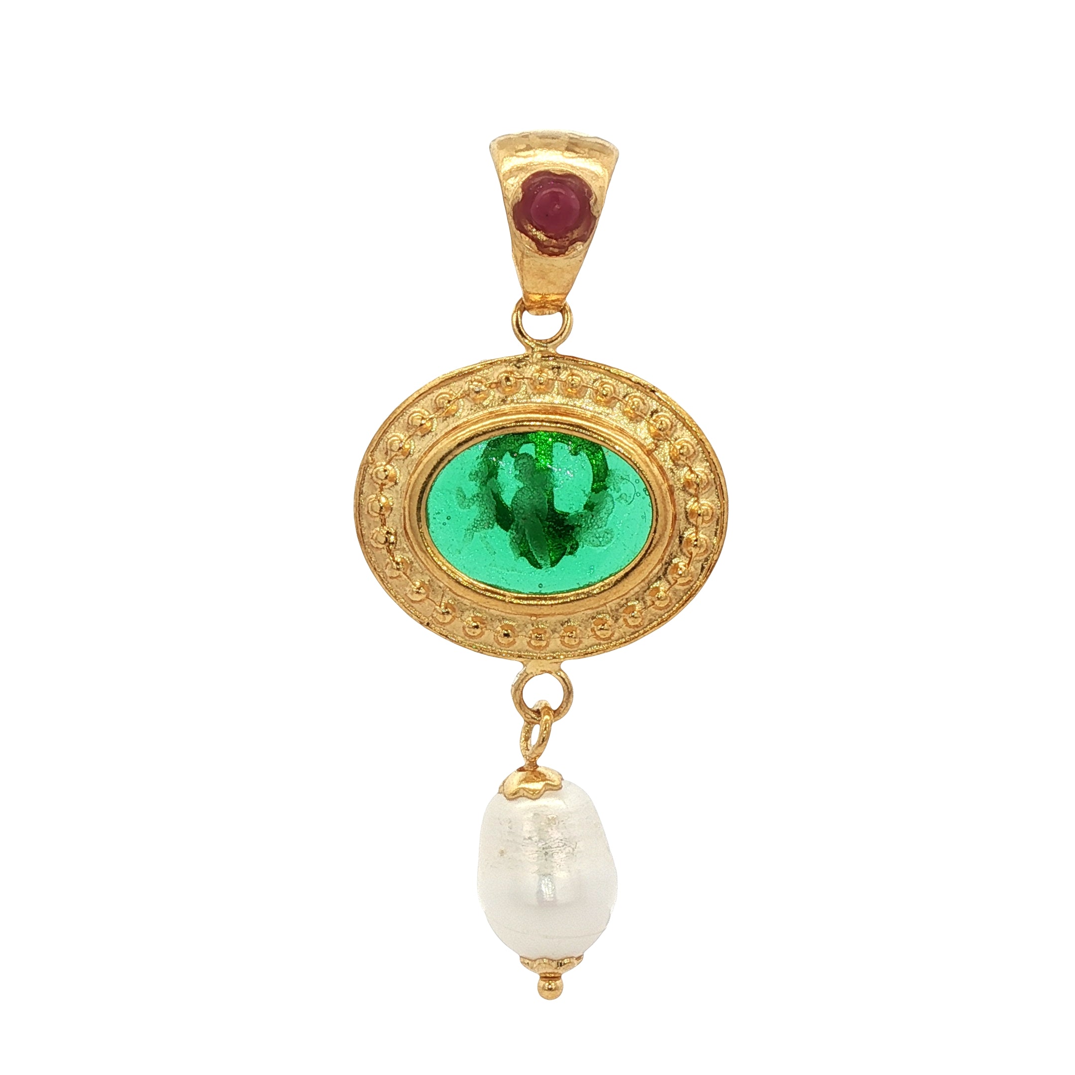 925YG HORSES GREEN AND PEARL RUBY PENDANT