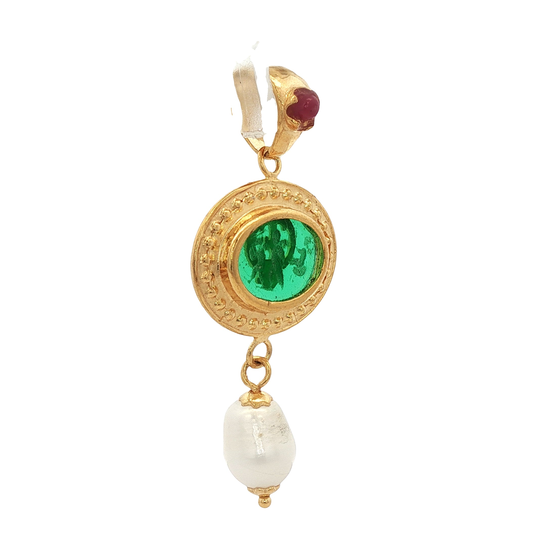 925YG HORSES GREEN AND PEARL RUBY PENDANT