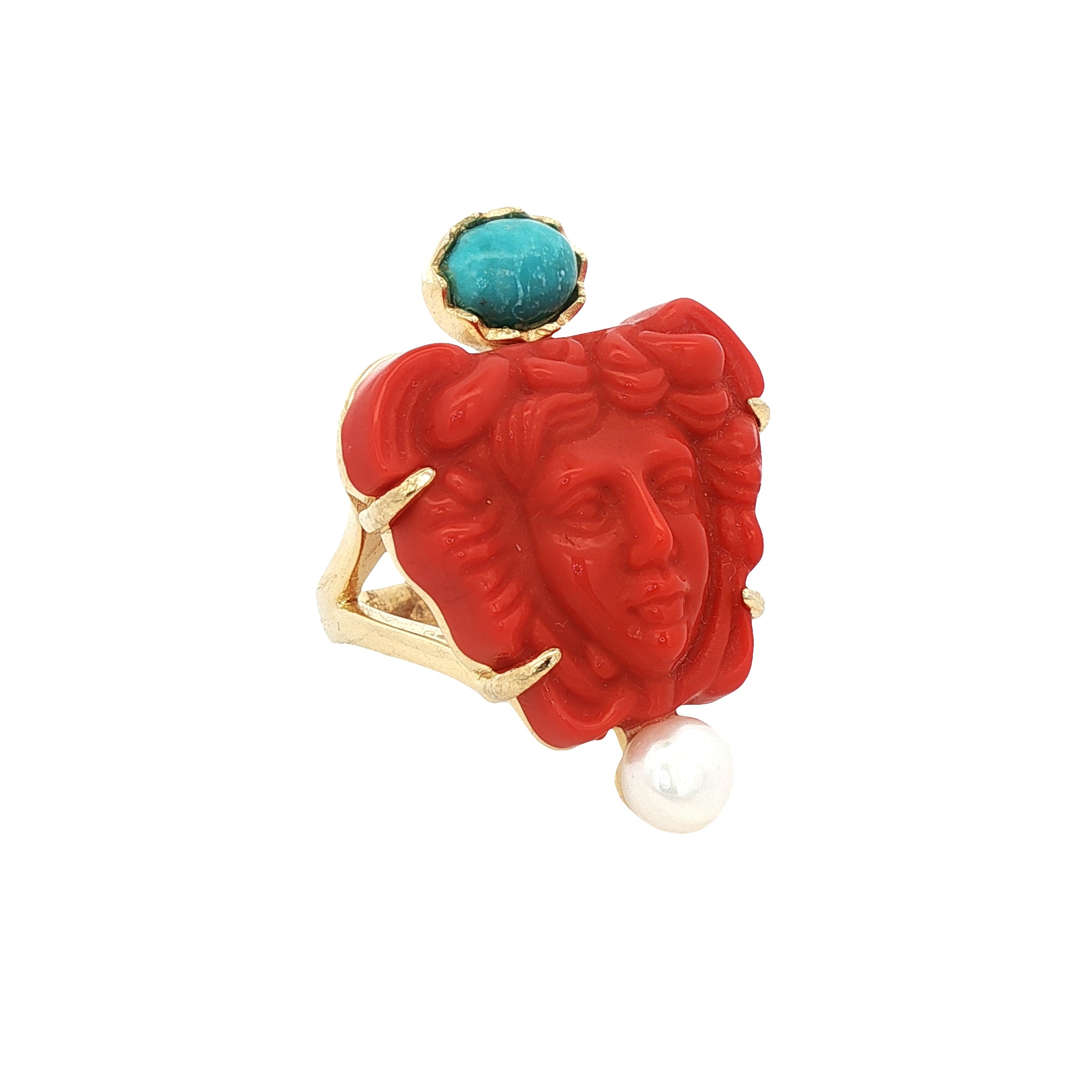 925YG MEDUSA AND PEARL TURQUOISE RING T7