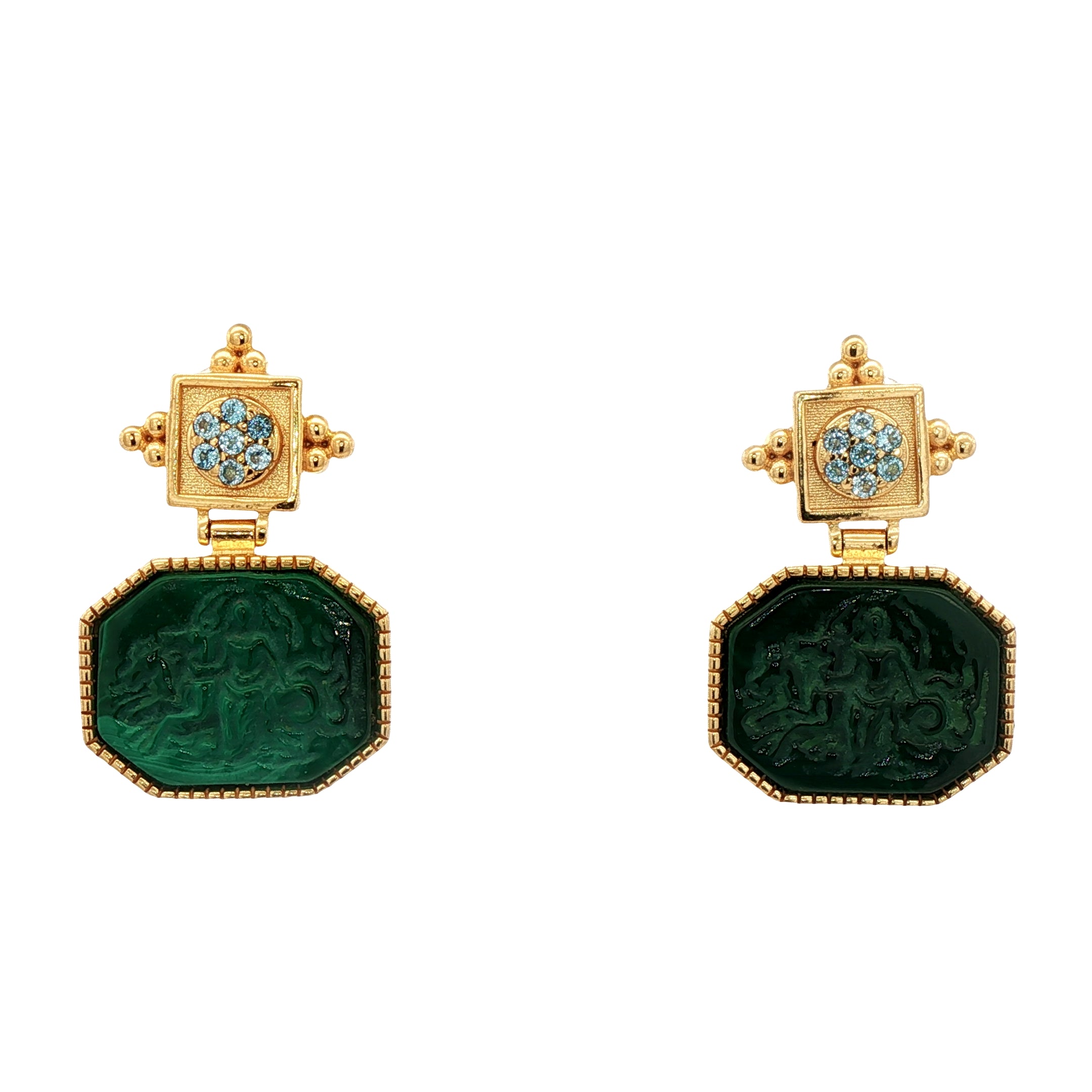 925YG NEREIDES MALACHITE AND BLUE TOPAZ EARRINGS