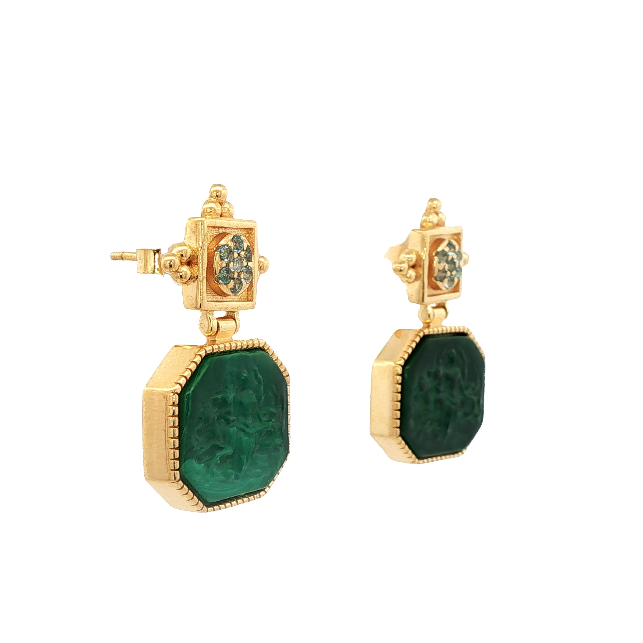 925YG NEREIDES MALACHITE AND BLUE TOPAZ EARRINGS