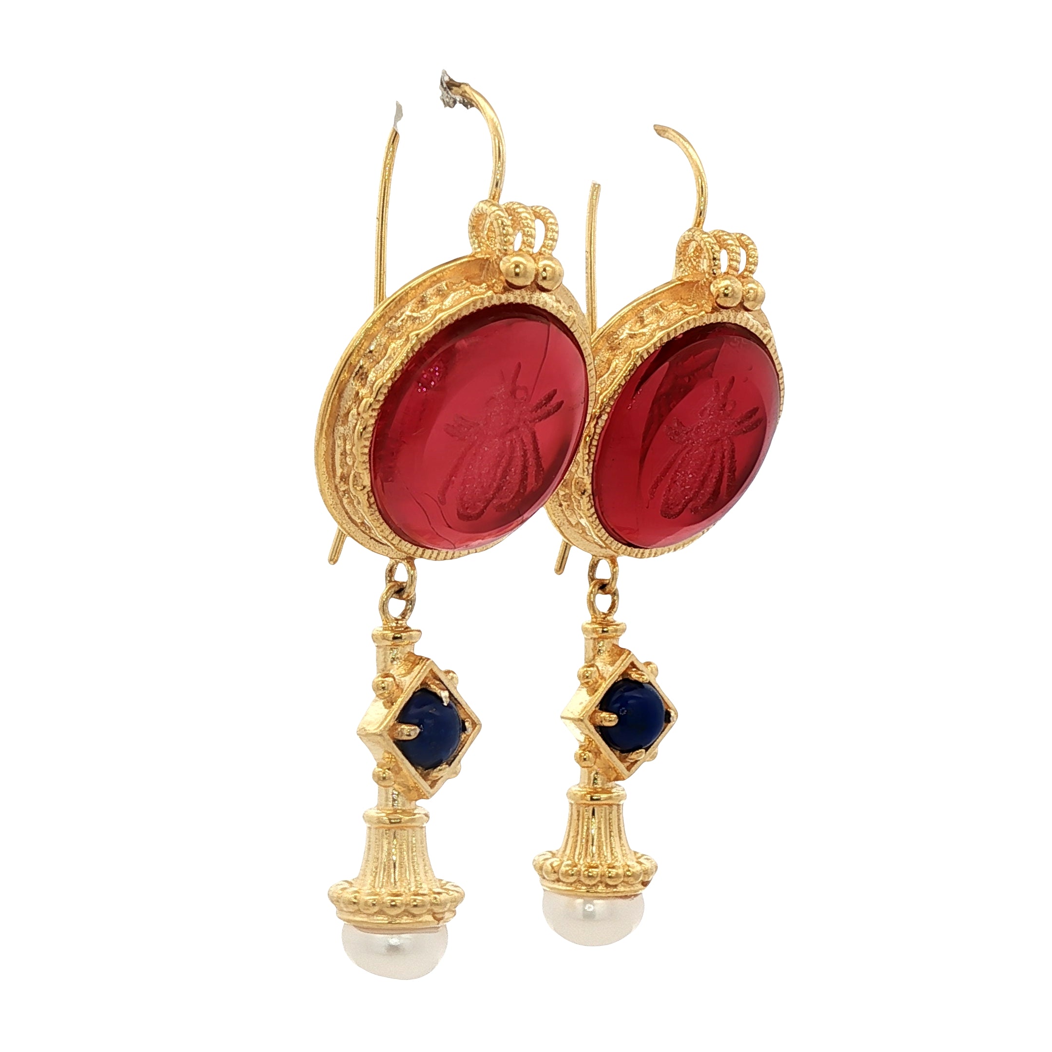 925YG BEE RED AND PEARL LAPIS LAZULI EARRINGS