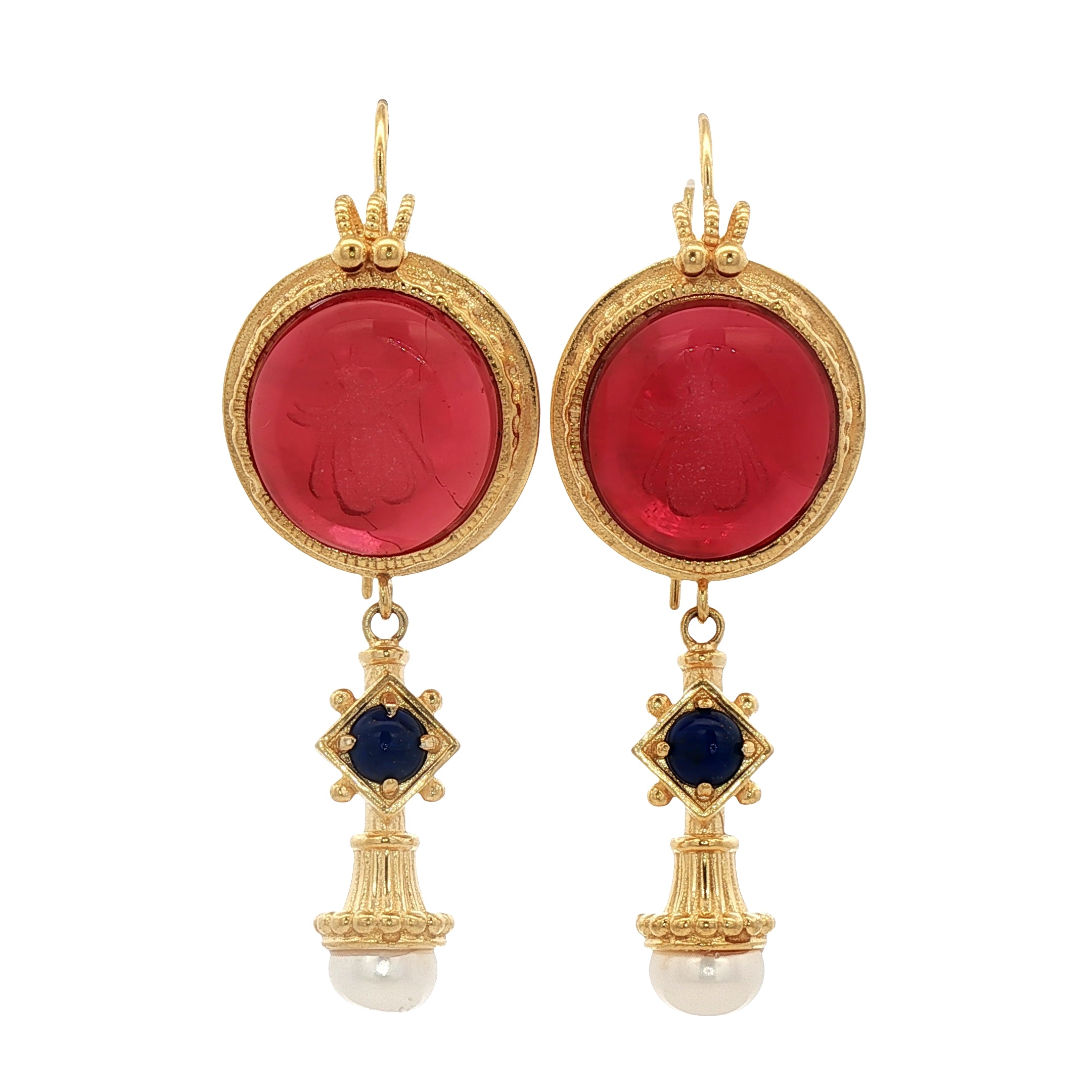 925YG BEE RED AND PEARL LAPIS LAZULI EARRINGS