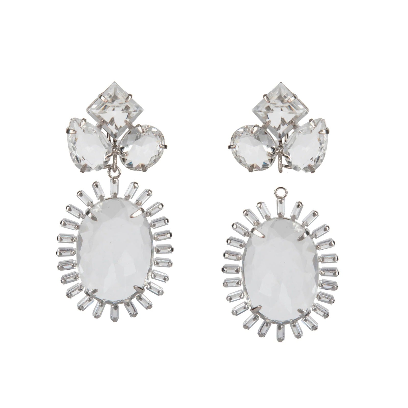 EARRINGS RHODIUM PLATED CLUSTER TOP ROUND OVAL PEAR SHAPE WITH 26X19 OVAL SURROUNDED WITH CZ ALL CLE
