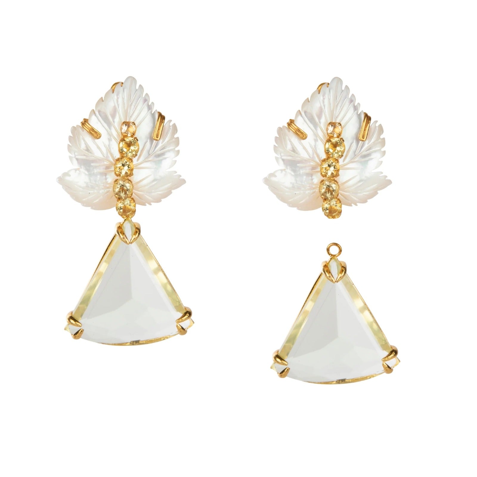 EARRINGS MOTHER OF PEARL LEAF WITH LEMON QUARTZ CENTER AND TRLLION DROP