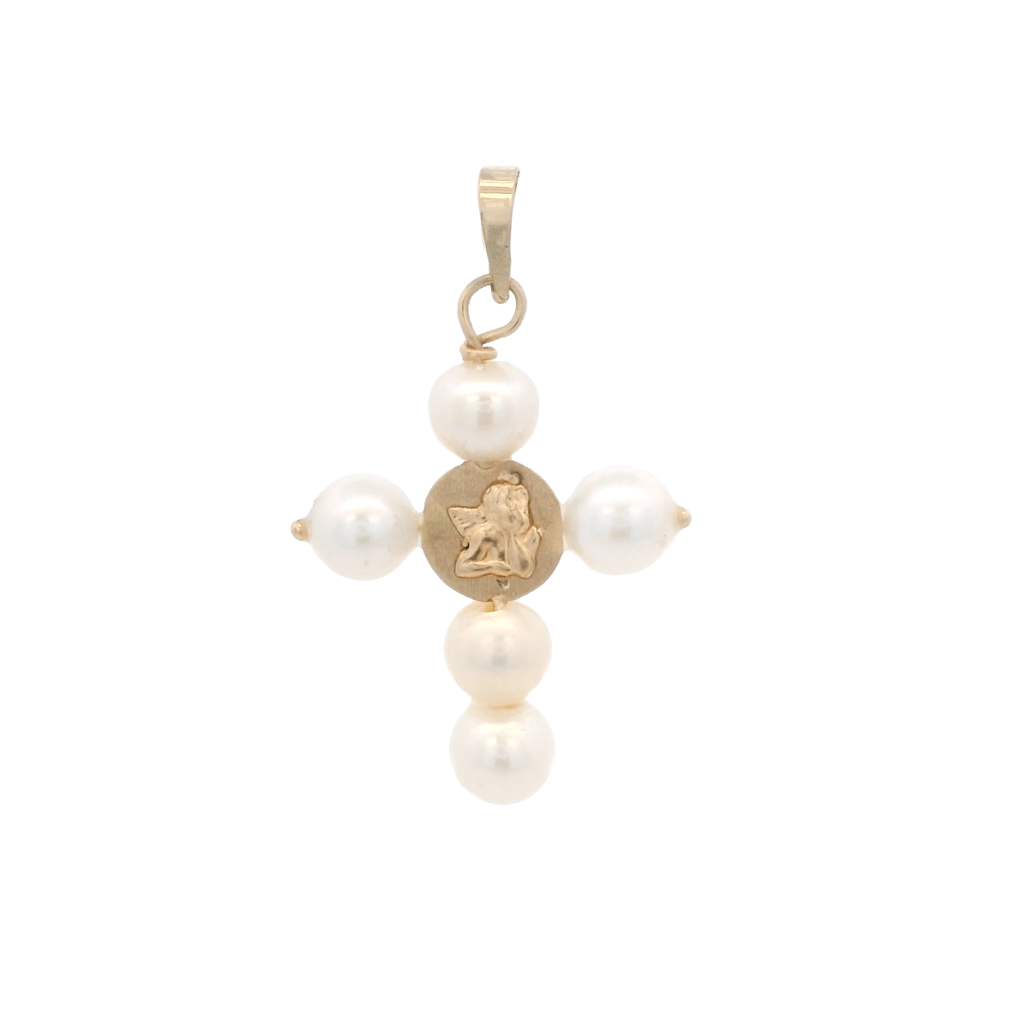 14KY CROSS OF PEARL WITH GUARDIAN ANGEL PENDANT - C'SANTOS