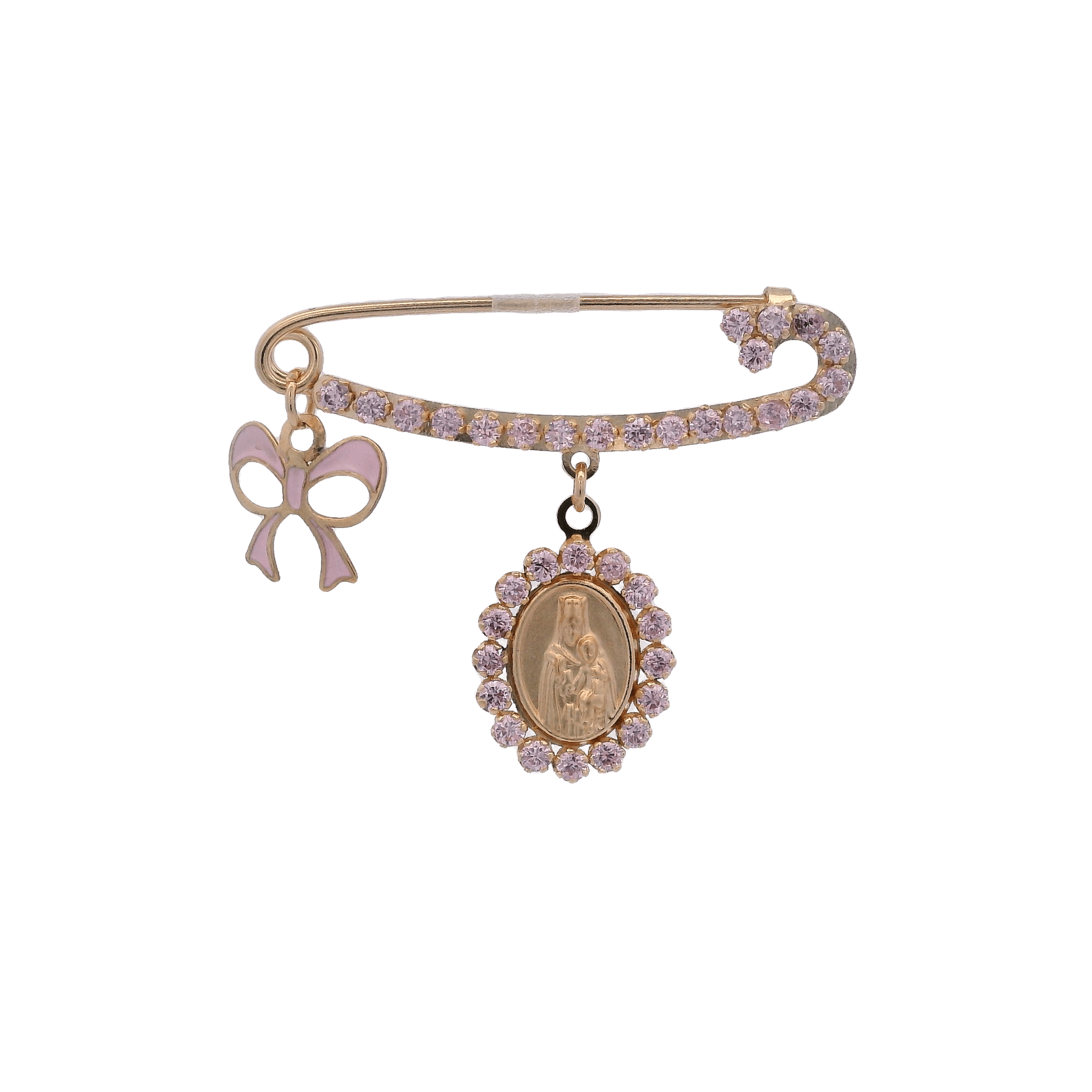 14KY HOOK MIRACULOS VIRGIN CZ RIBBON ENAMEL PINK PIN - C'SANTOS