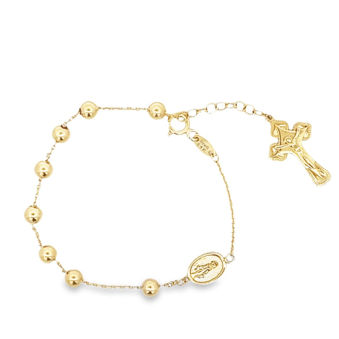 14KY MIRACULOUS MEDALL WITH CROSS PENDANT AND ROUND CHARMS BRACELET - C'SANTOS