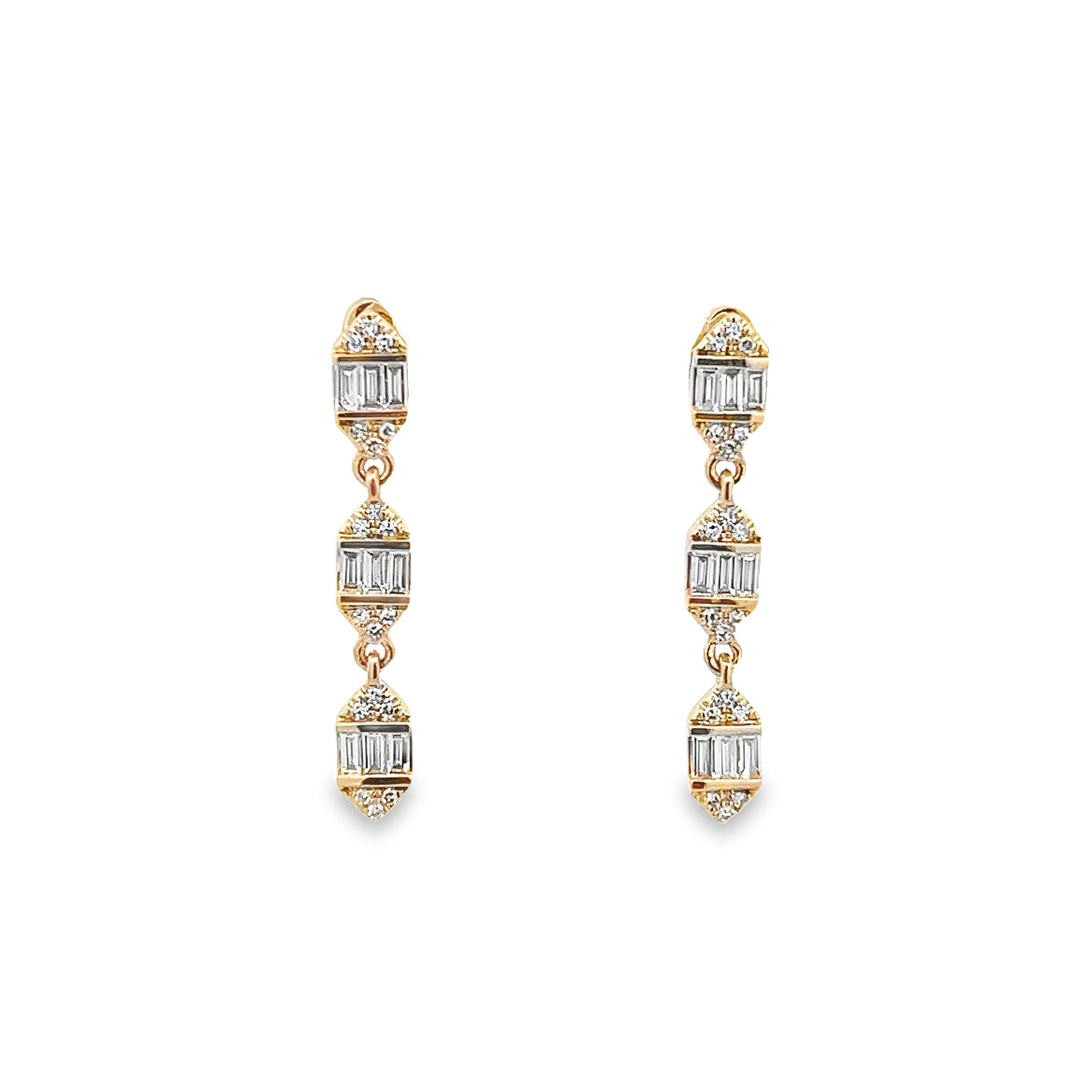 14KY GOLD THREE MARQUISE BAGUETTE EARRINGS