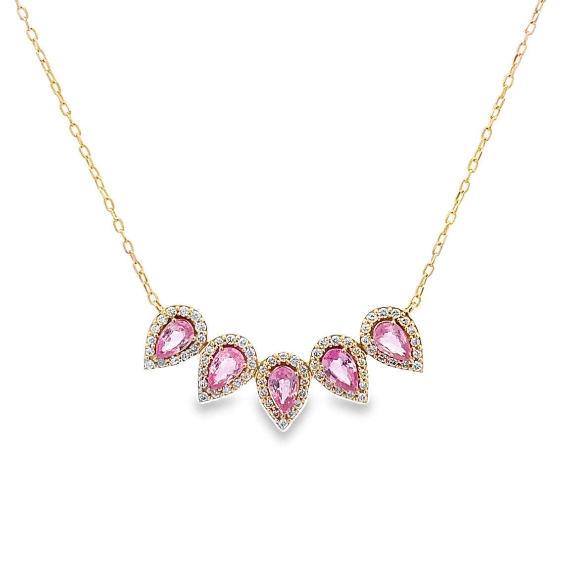 18K GOLD  PINK SAPPHIRE CUT PEAR WITH DIAMOND HALO NECKLACE