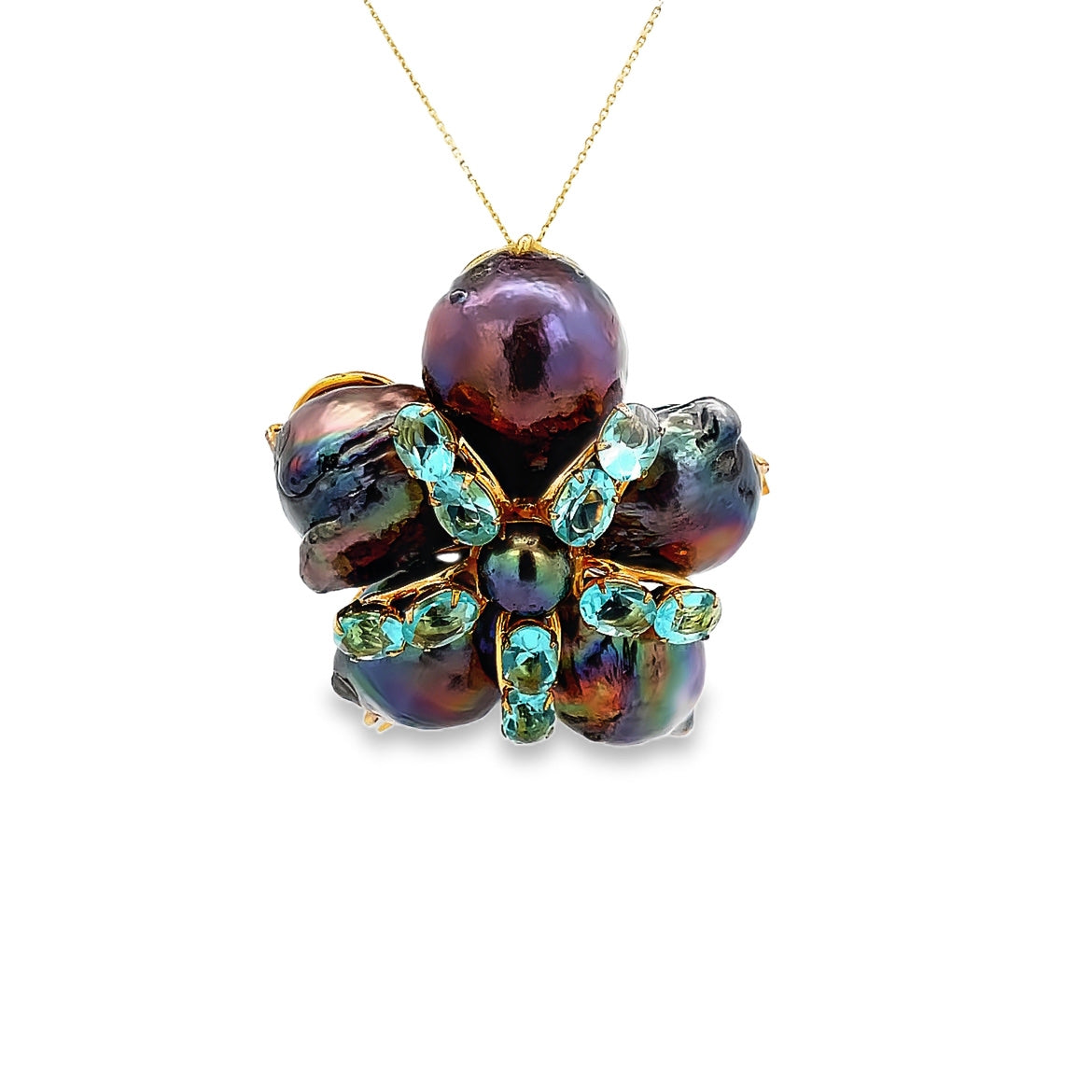 BROOCH PENDANT SET WITH GRAY KESHI PEARLS AND BLUE QUARTZ