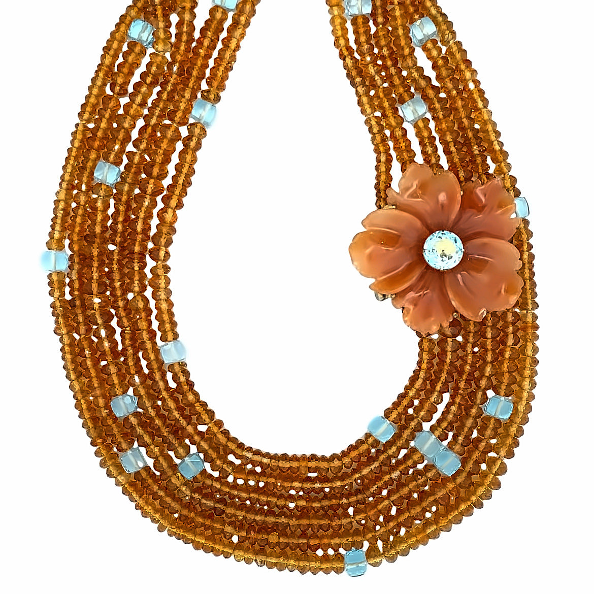 LONG NECKLACE OF 6 STRANDS OF CITRINE RONDELLES WITH BLUE TOPAZ AND REMOVABLE CARVED RED A