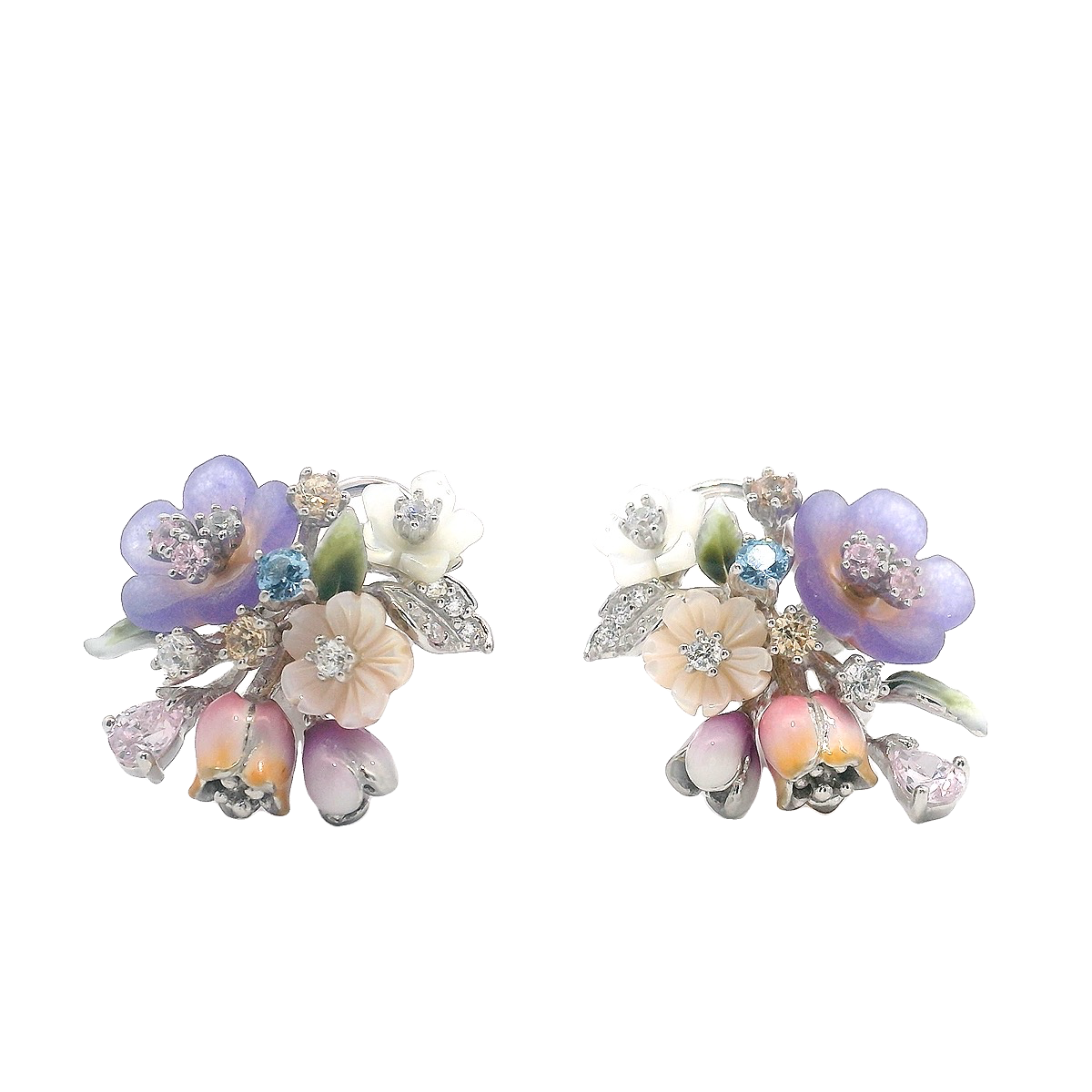 925SL CLUSTER FLOWERS PURPLE AND MIX STONE EARRINGS