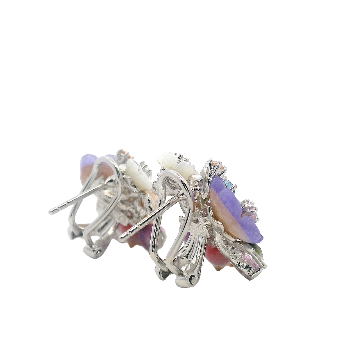925SL CLUSTER FLOWERS PURPLE AND MIX STONE EARRINGS