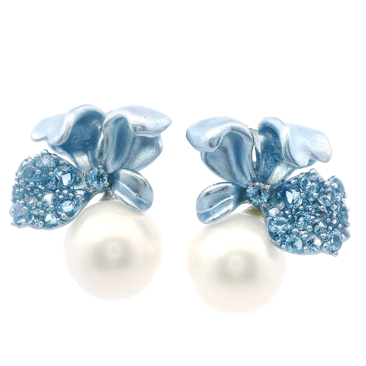 925SL BIG FLOWER BLUE WHITE PEARL EARRINGS