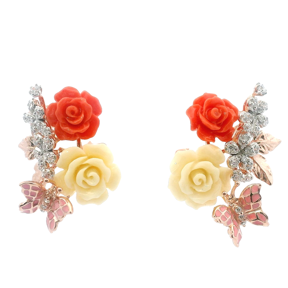 925RG TRIPLE FLOWER AND BUTTERFLY ENAMEL PINK EARRINGS