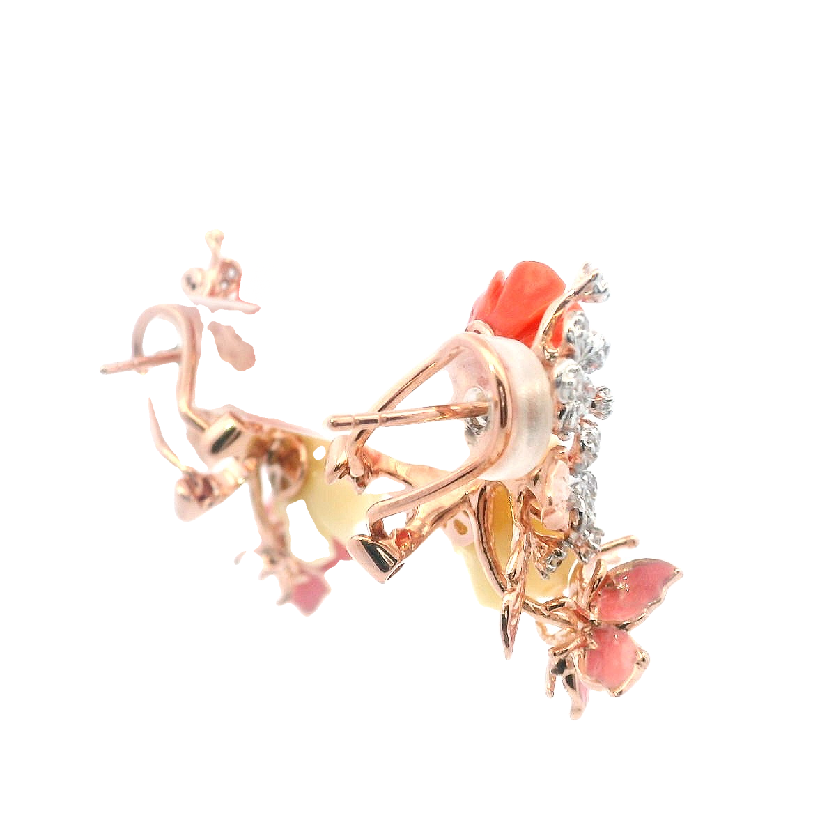 925RG TRIPLE FLOWER AND BUTTERFLY ENAMEL PINK EARRINGS