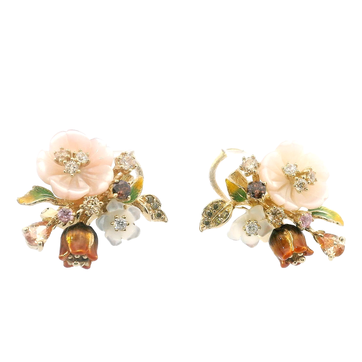 925YG FLOWERS PINK WHITE CHAMPANGE OLIVE EARRINGS
