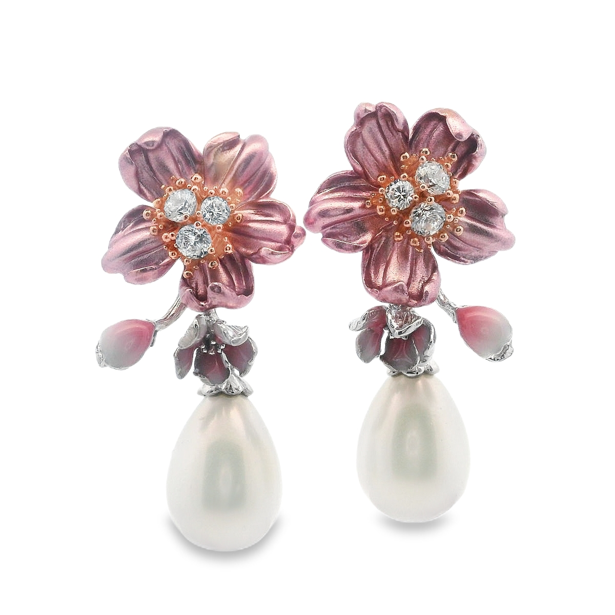 925SL PINK FLOWER WITH DROP PERL EARRINGS