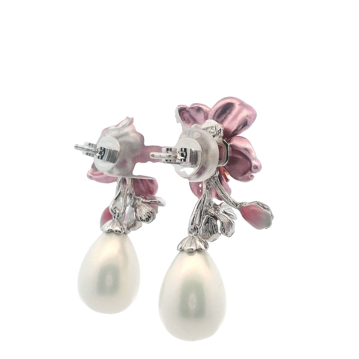 925SL PINK FLOWER WITH DROP PERL EARRINGS