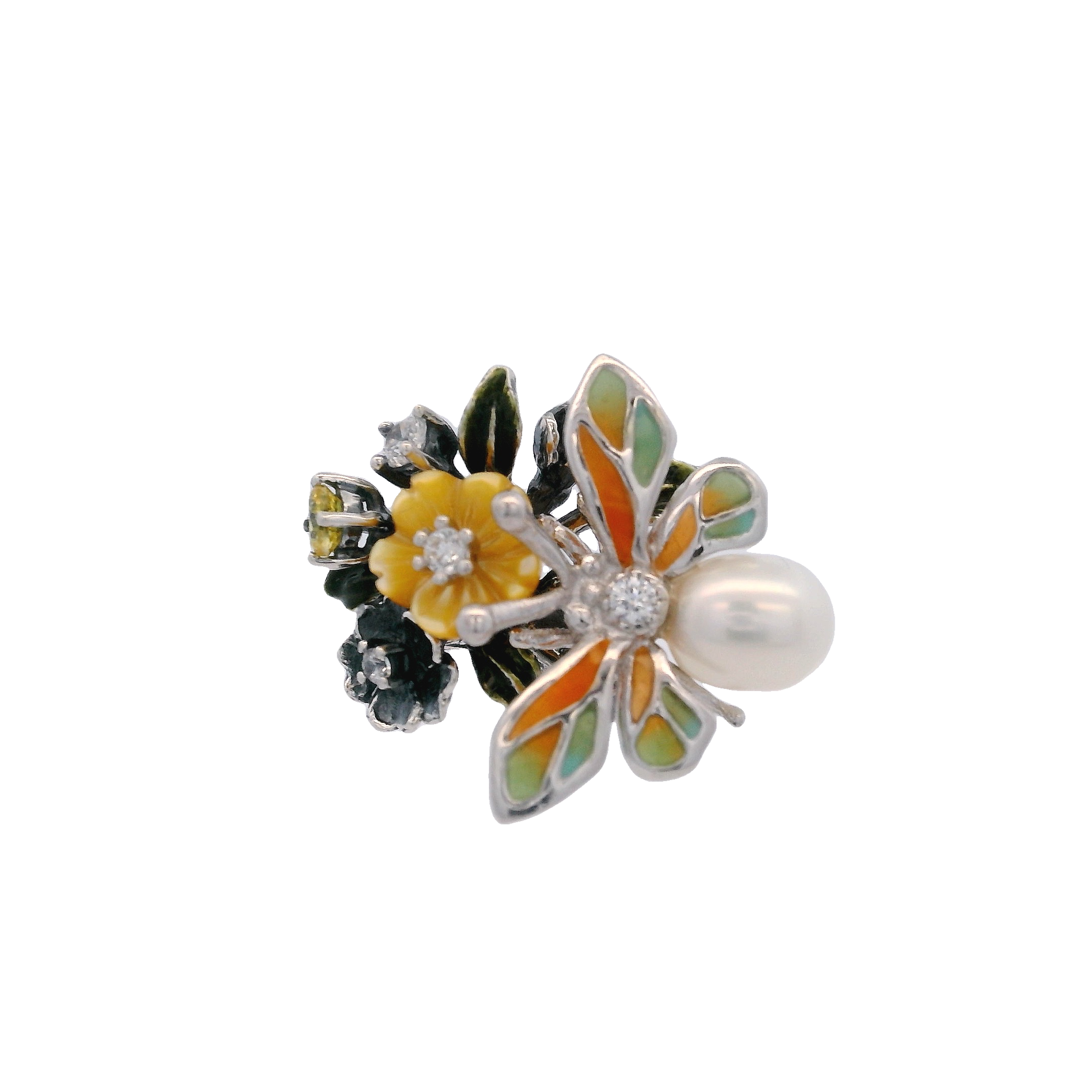 925SL TRIPLE FLOWER AND BEE PEARL PENDANT