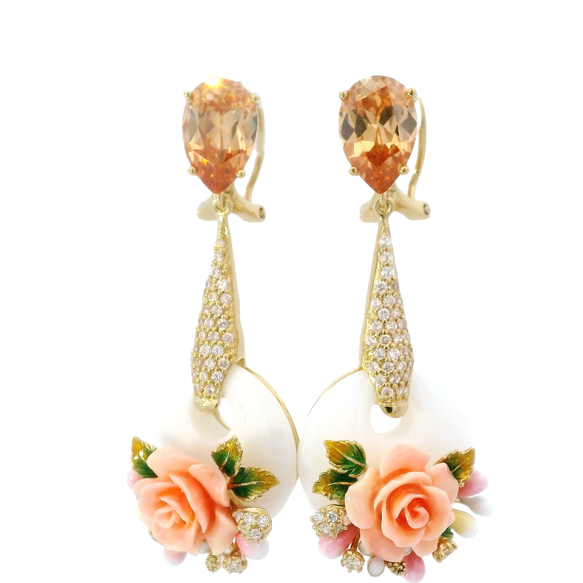925YG DROP CIRCLE WHITE WITH FLOWER PINK EARRINGS